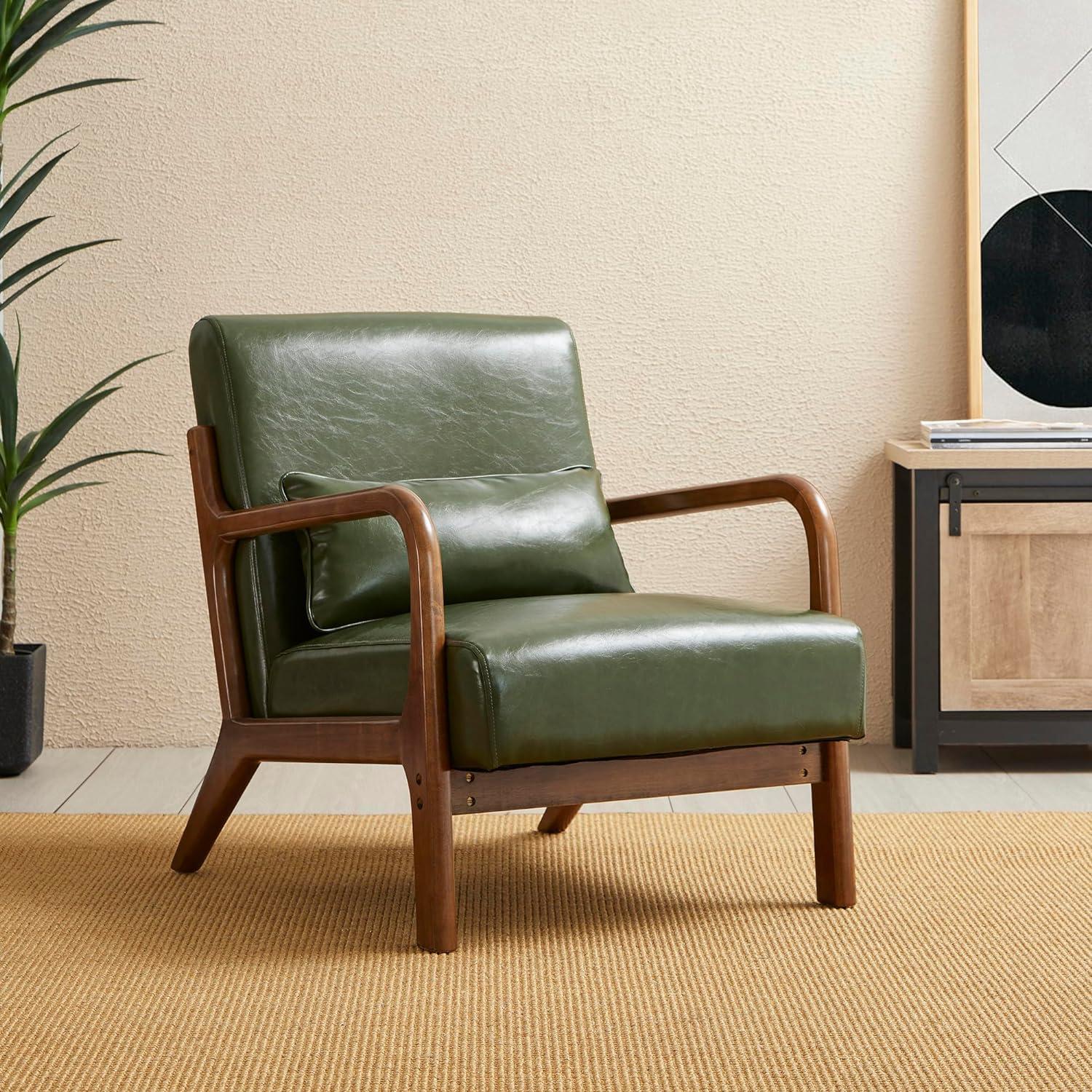 Mid-Century Modern Leatherette Arm Accent Chair Walnut Rubberwood Frame - Hunter Green - Glitzhome