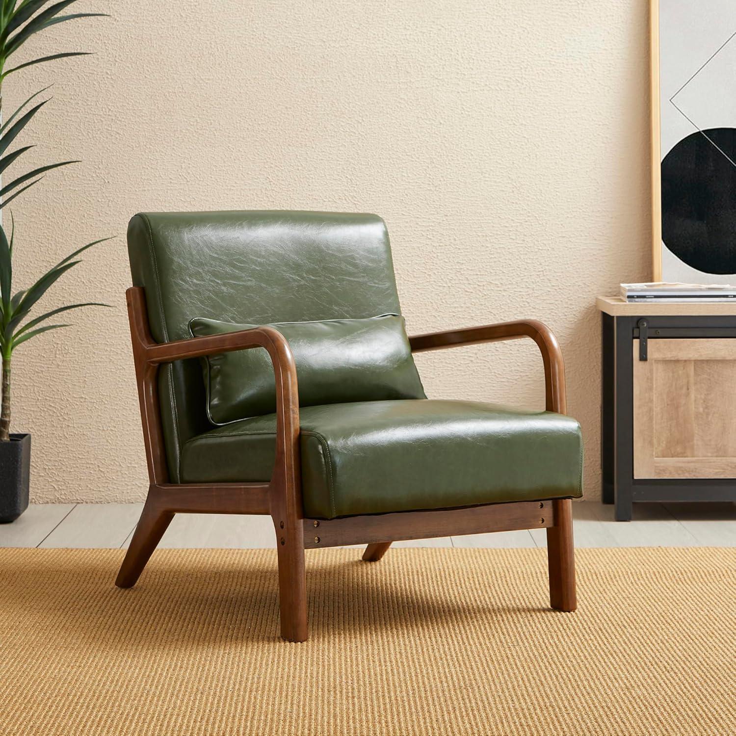 Mid-Century Modern Leatherette Arm Accent Chair Walnut Rubberwood Frame - Hunter Green - Glitzhome