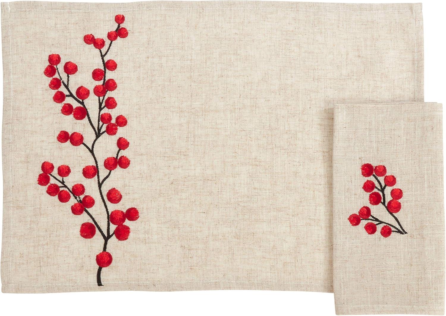 Red Berry Embroidered Holiday Placemat and Napkin Set