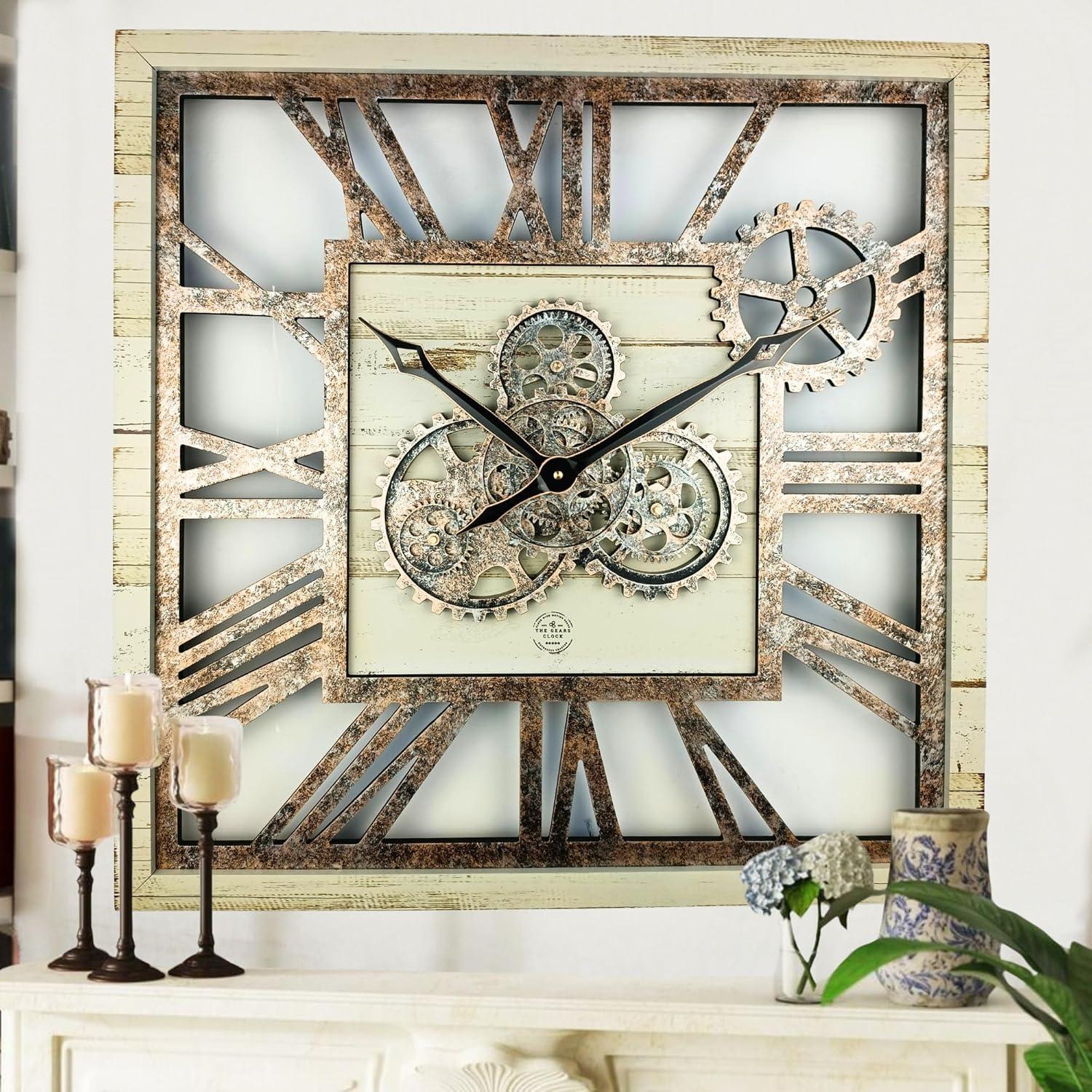 The Gears Clock Wall Clock 24" Square Oversized for Living Room decor with Real Moving Gears America Collection