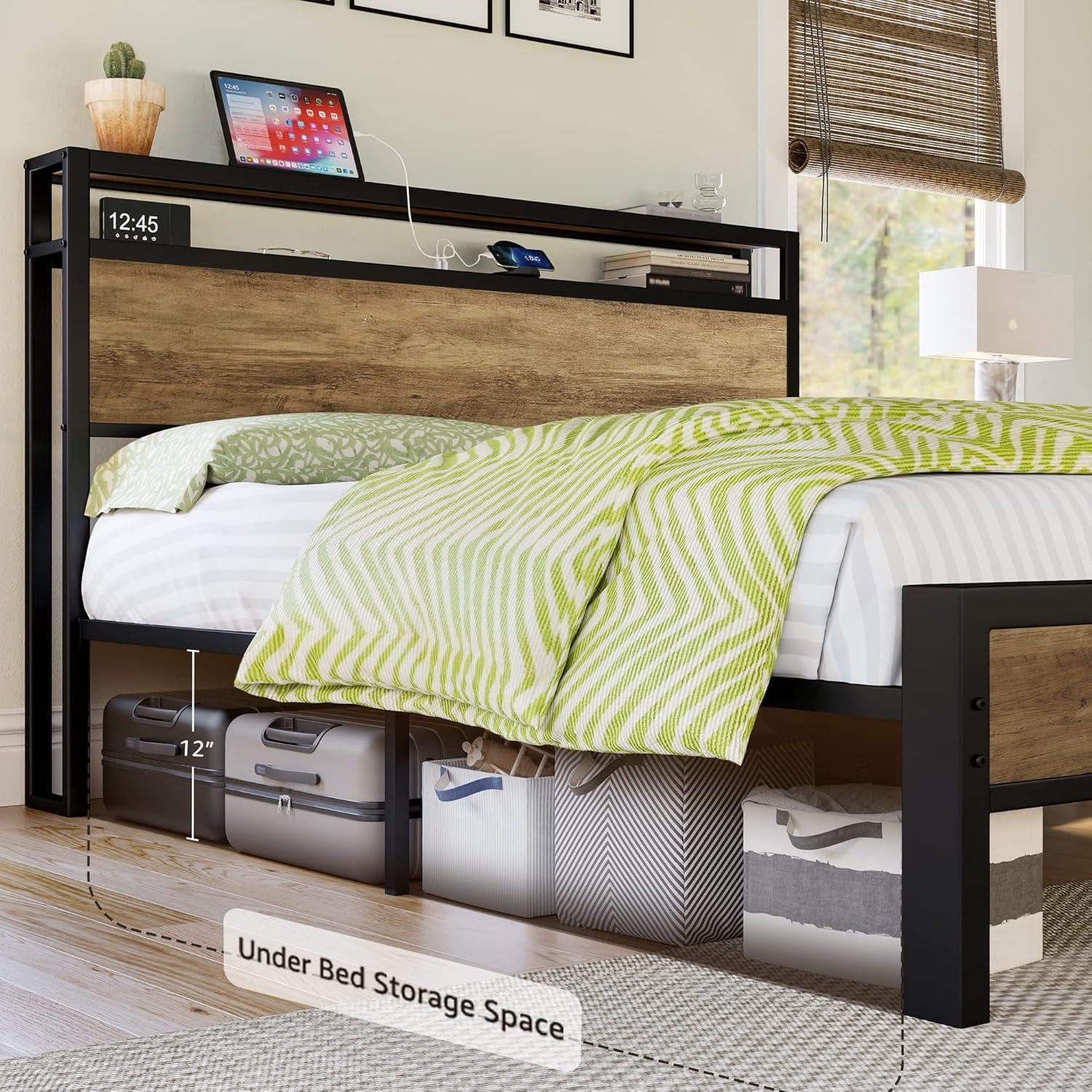 VANACC Metal Wood King Size Bed Frame with 2-Tier Storage Headboard and Charging Station, Light Brown