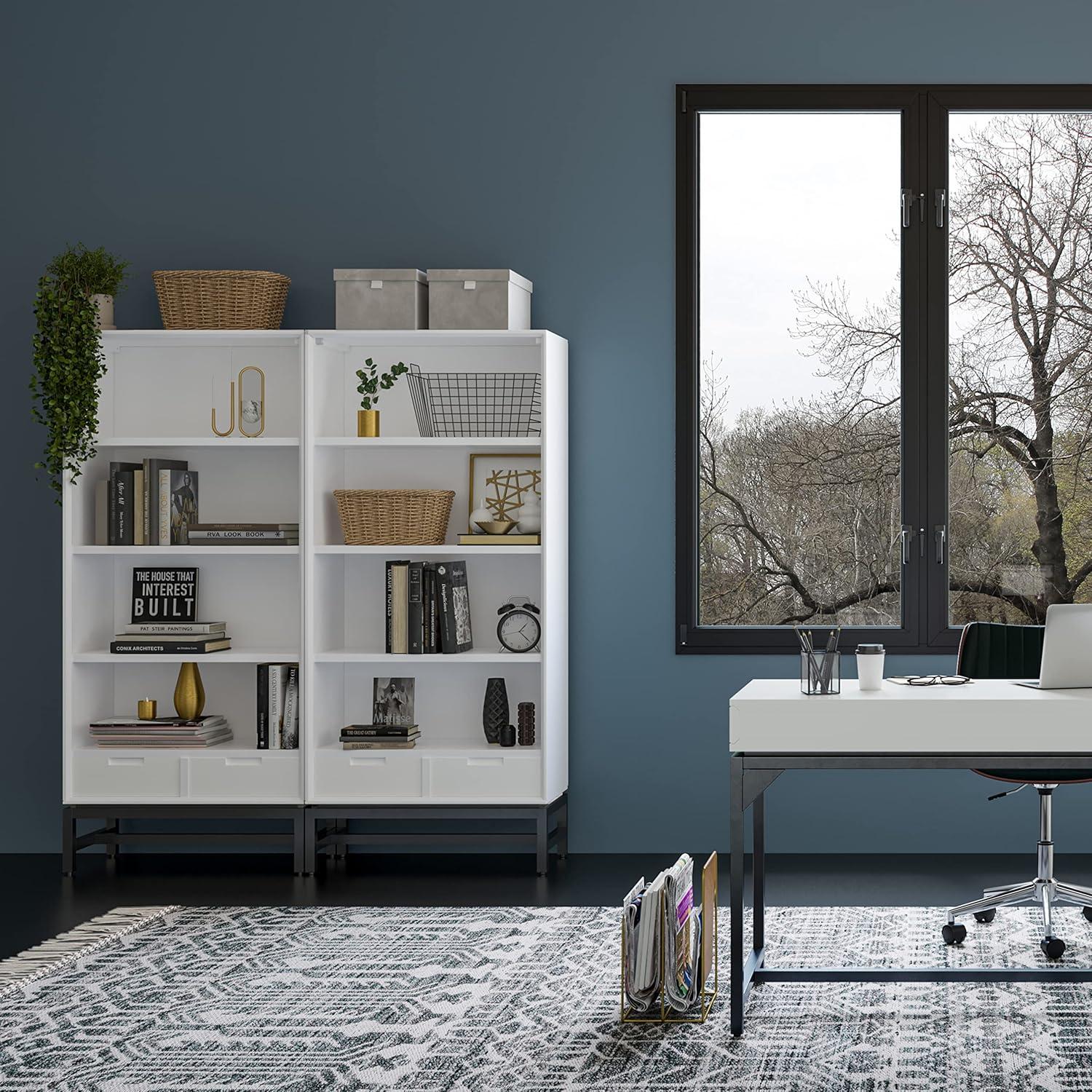 Simpli Home Banting 30"W Solid Wood 4 Shelf Industrial Bookcase with 2 Drawers, Adjustable Shelves, and Metal Base