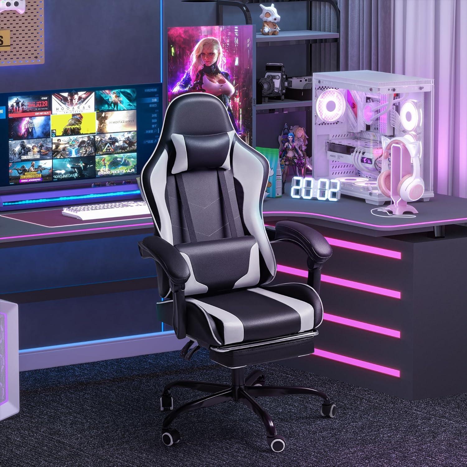 Killeryuki Gaming Chair, Video Game Chair with Footrest and Massage Lumbar Support, Ergonomic Computer Chair Height Adjustable with Swivel Seat and Headrest (White)