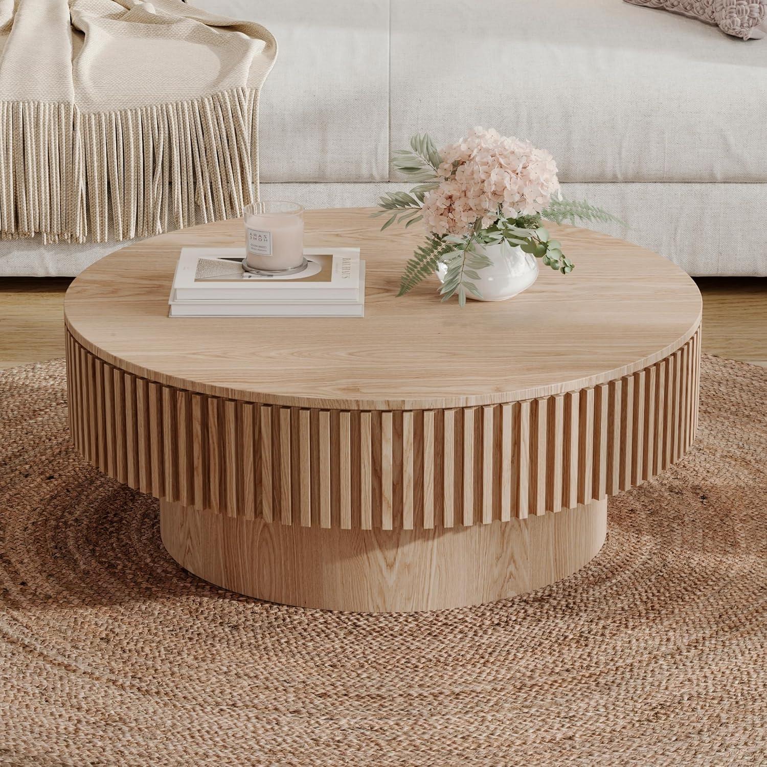 HomVent 31.5'' Round Coffee Table with Storage, Modern Wooden Coffee Table with Solid Wood Veneered, Circle Center Table Accent Tea Table for Living Room, Small Space, Apartment