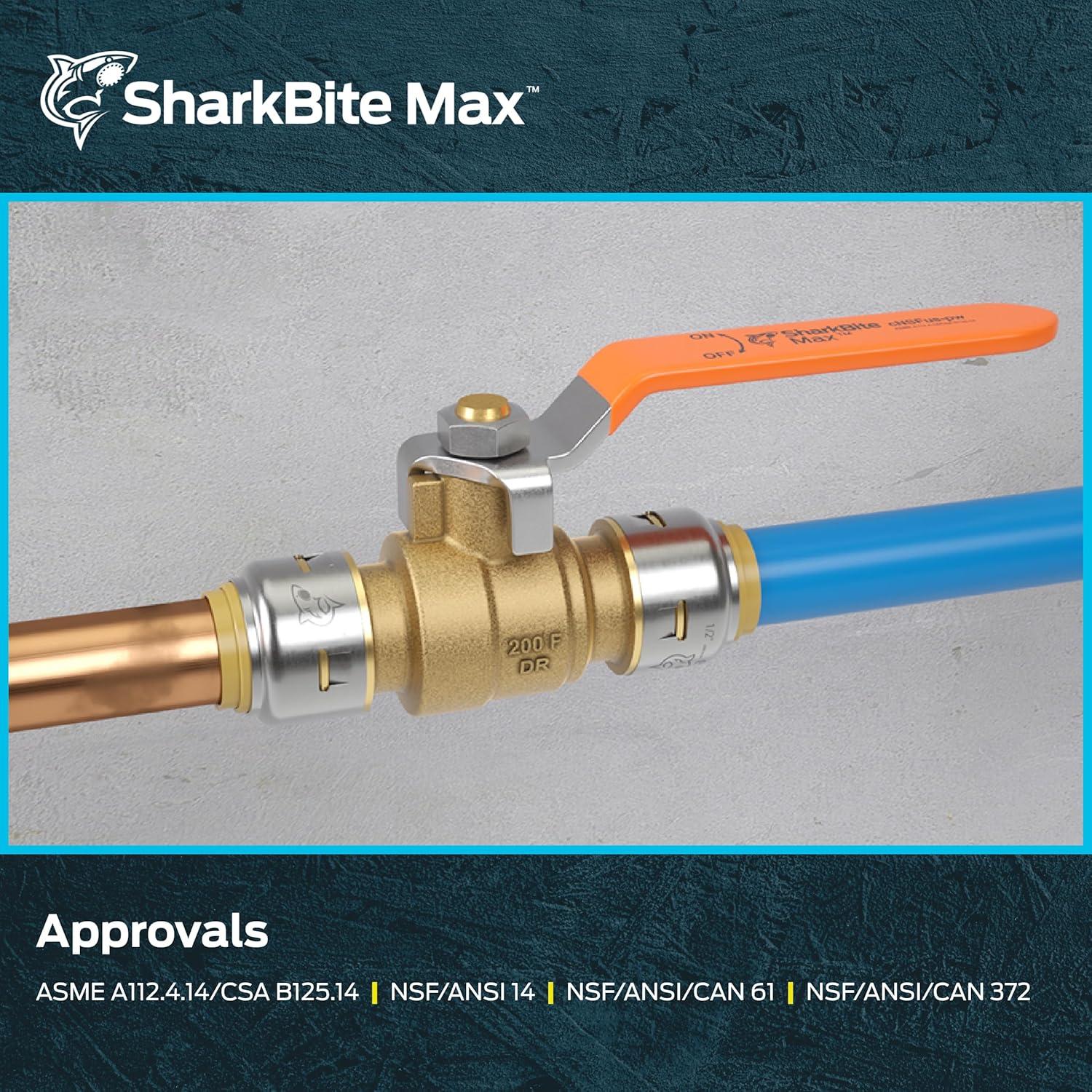 SharkBite Max 1/2 Inch Ball Valve, Push to Connect Brass Plumbing Fitting, Water Shut Off, PEX Pipe, Copper, CPVC, PE-RT, HDPE, UR22222A