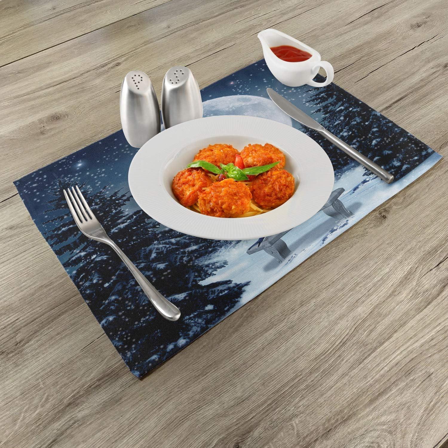 Ambesonne White Place Mats Set of 4, Moonlight Forest Bird, Standard Size, Blue White