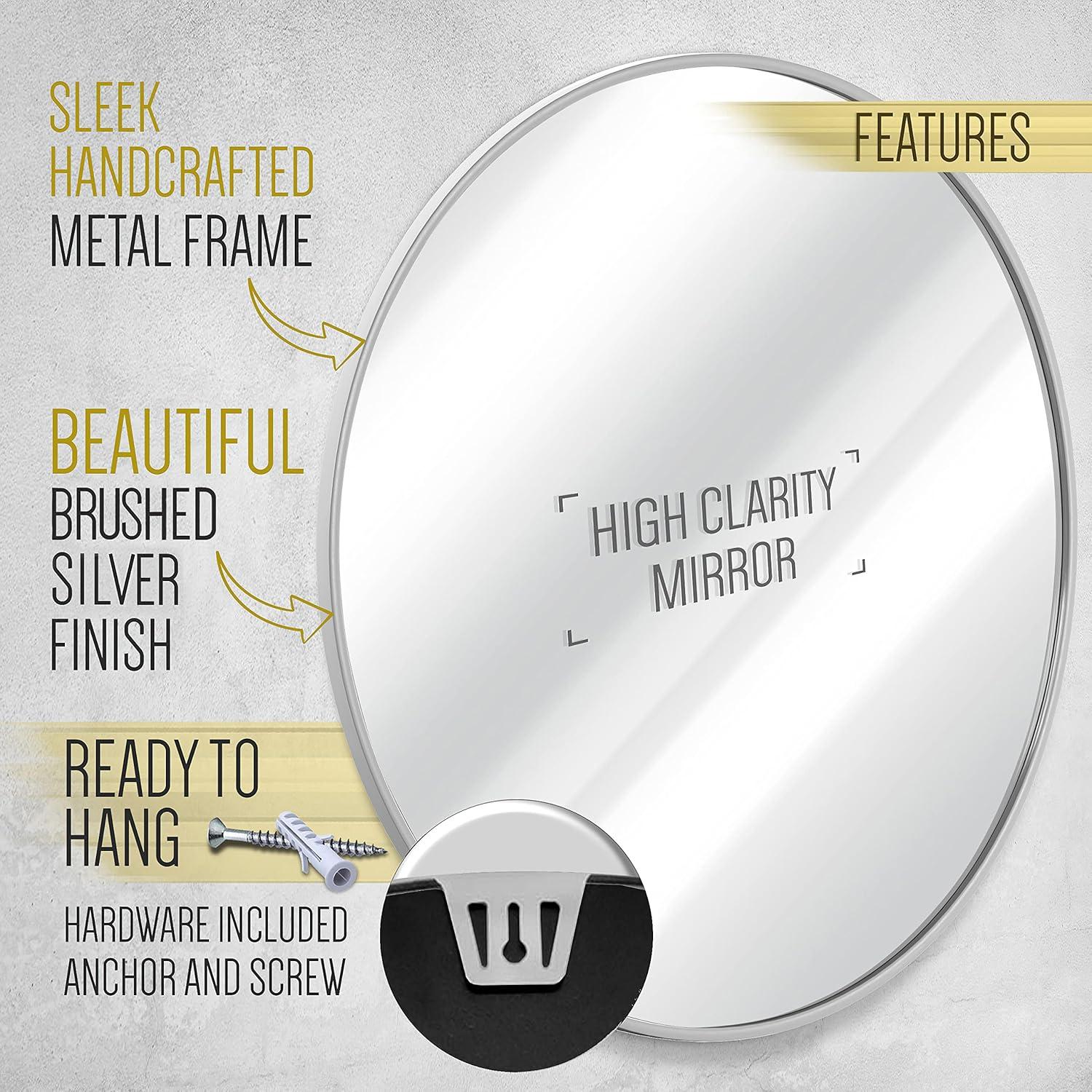 HBCY Creations Silver Round Wall Mirror - 24 Inch Large Round Mirror, Rustic Accent Mirror for Bathroom, Entry, Dining Room, & Living Room - Metal Mirror for Wall