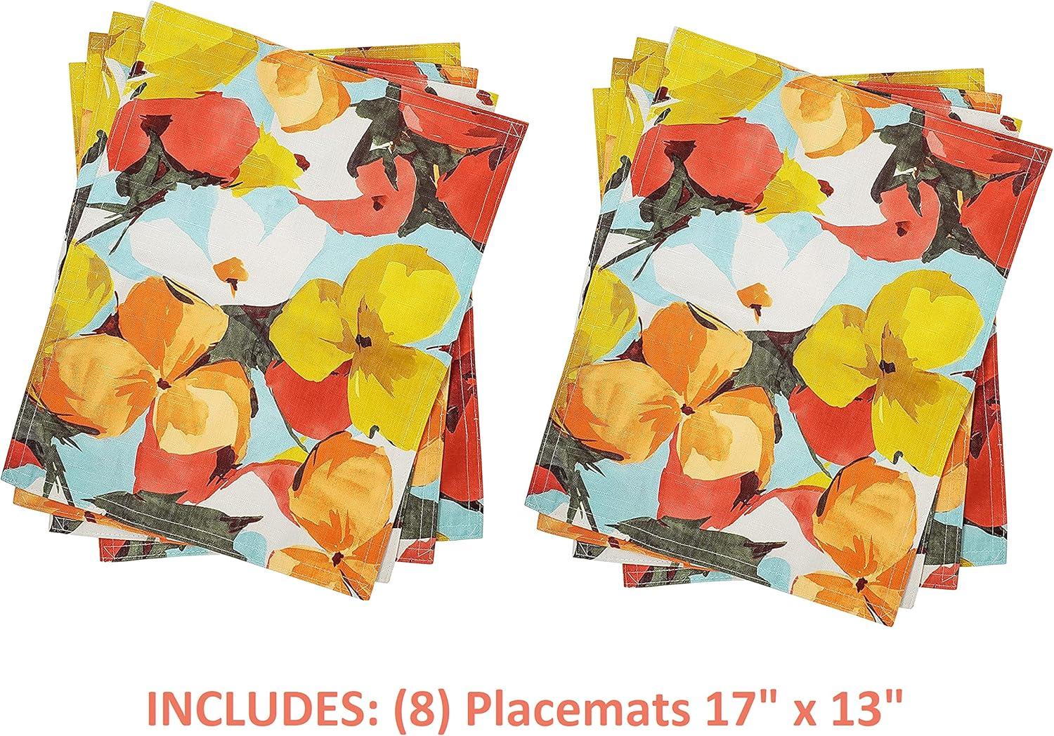 KOVOT Floral Placemat Set of 8 for Indoor or Outdoor Dining | Summer Spring Fall Flower Design 17" x 13" Table Decor | Orange/Yellow