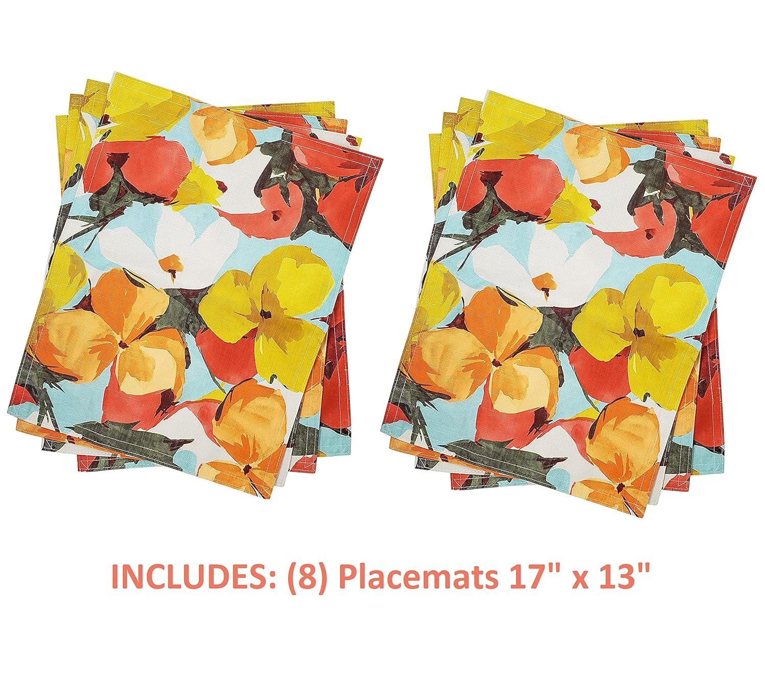 KOVOT Floral Placemat Set of 8 for Indoor or Outdoor Dining | Summer Spring Fall Flower Design 17" x 13" Table Decor | Orange/Yellow