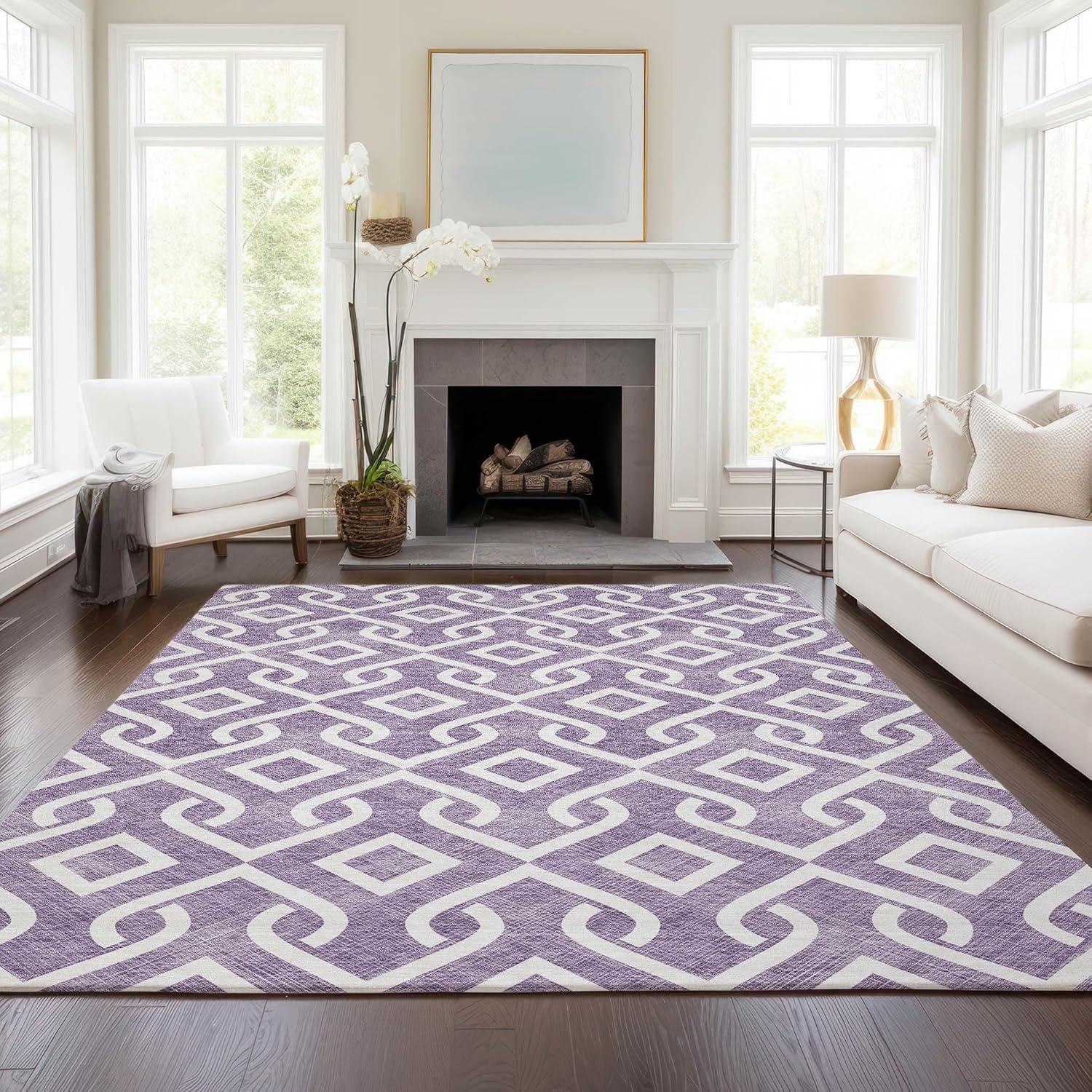 Purple Geometric Machine Washable Rectangular Area Rug