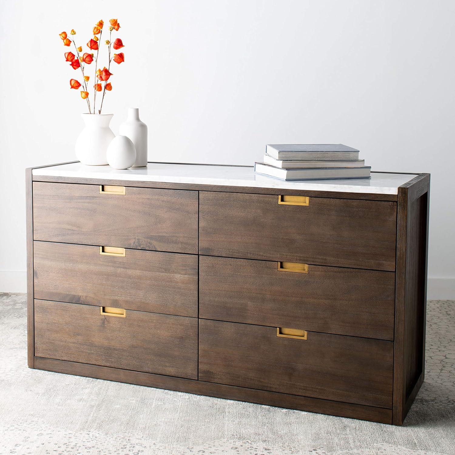 Adeline Dark Chocolate Solid Rubberwood 6-Drawer Dresser with White Marble Top