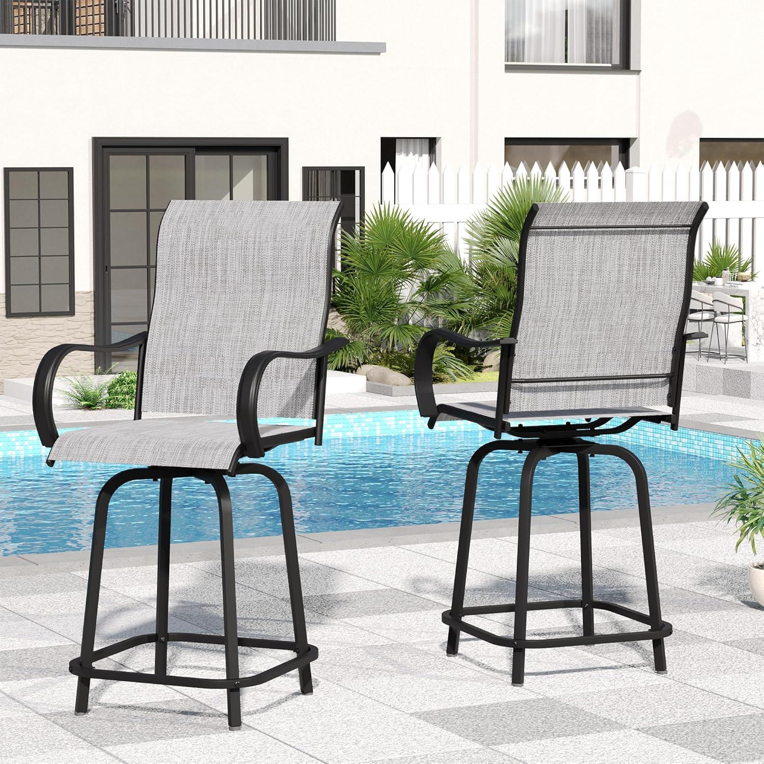 Amopatio Patio Swivel Bar Stools Set of 2, Outdoor Bar Height Patio Chairs for Backyard, Pool, Garden, Deck with High Back and Armrest, All-Weather Mesh, 300lb Capacity, Light Gray