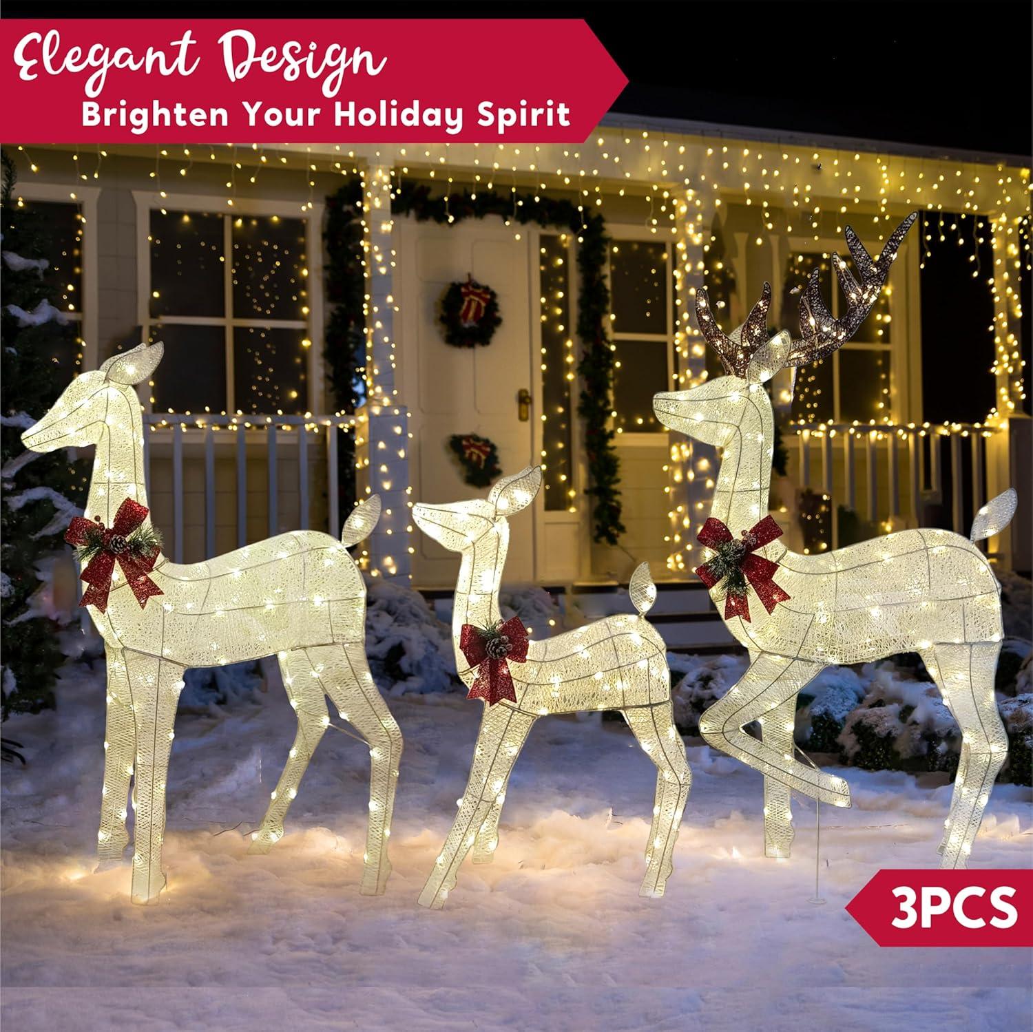 Joiedomi 3 Packs Christmas Outdoor Decoration, Deer Family with 360 LED Lighted Reindeers Yard Lights for Xmas Yard Garden Lawn Decoration