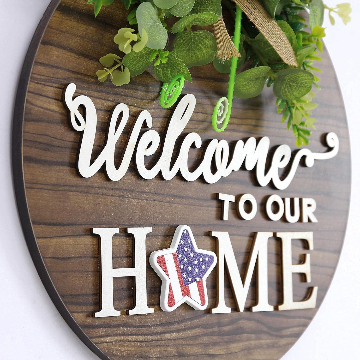 RoseCraft Interchangeable Wooden Seasonal White Welcome Sign, Rustic Welcome Front Door Wreaths for Home Wall Porch Decor, for Easter Spring Summer Fall Halloween Christmas All Season Decorations.