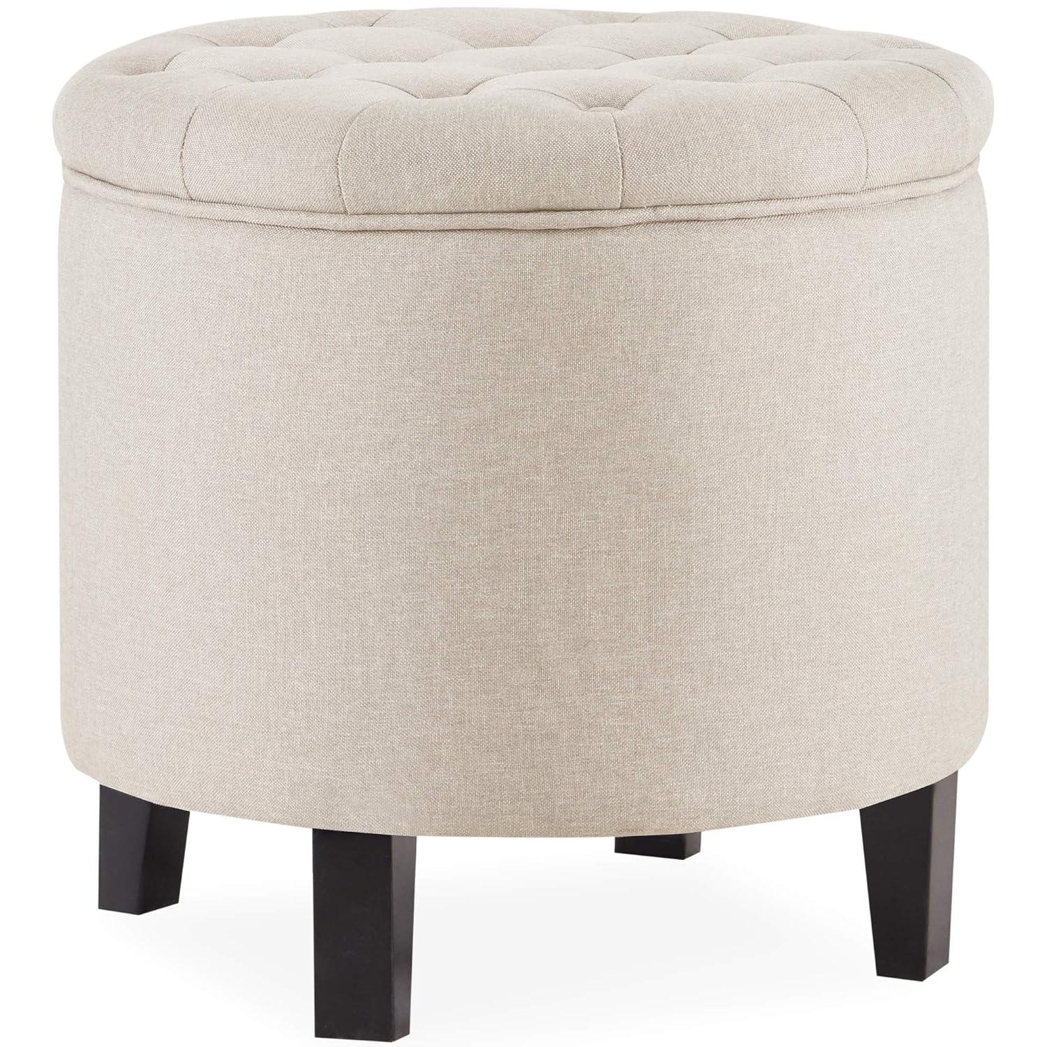 Belleze Nailhead Round Tufted Storage Ottoman Large Footrest Stool Coffee Table Lift Top, Blue