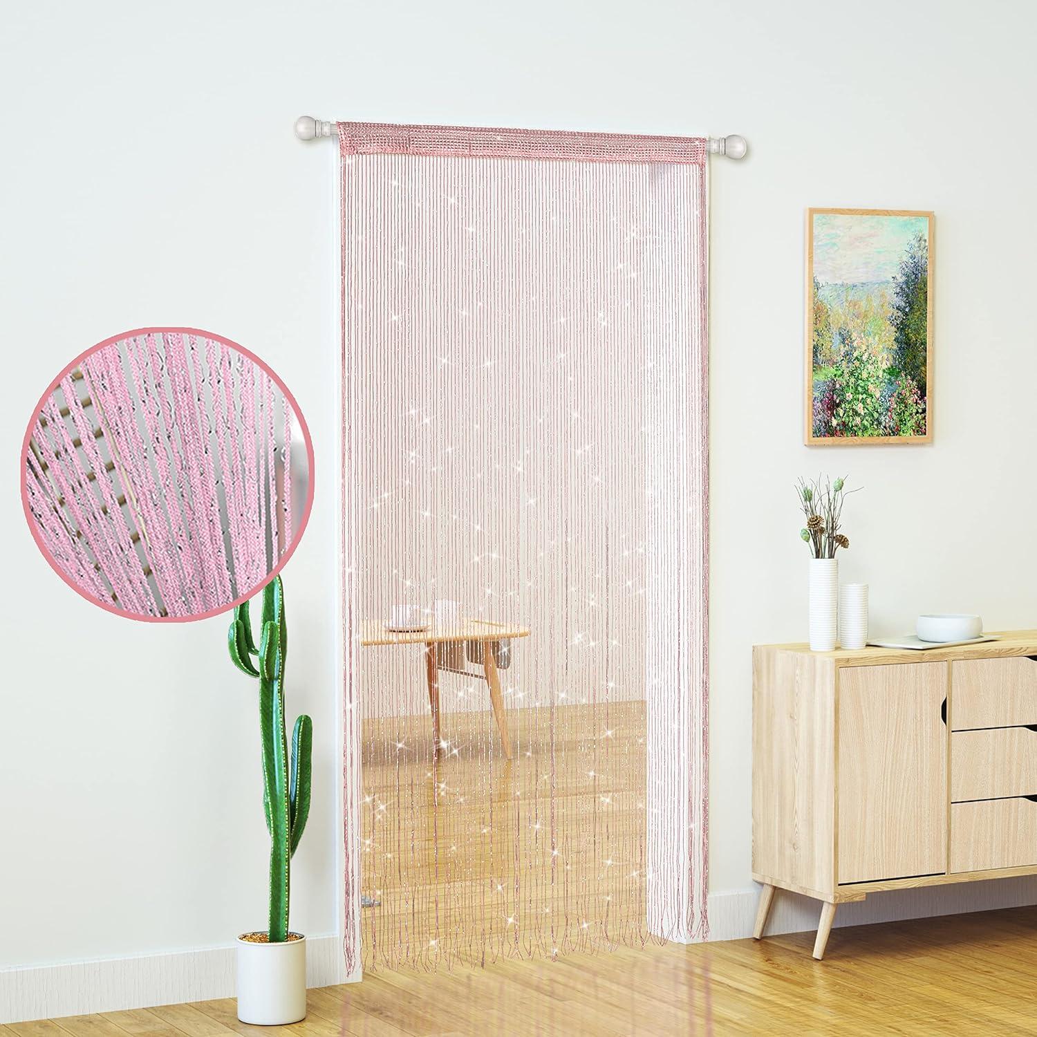 2 PcsString Curtains for Doorways Glitter Beaded Curtains Door Sparkle Beads Curtain Open Closet Laundry Hanging Hippie Glisten Beads Window Girls Panel (Light Pink, 39"×79" in)