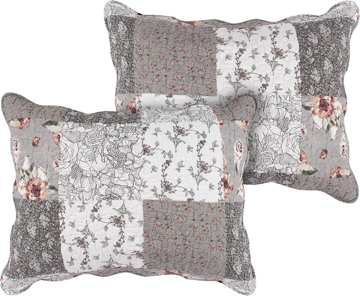 Greenland Home Fashions Barefoot Bungalow Giulia Fabulous Floral and Stencil Prints Classic Patchwork Pattern Reverses Pillow Sham - King 20x36", Gray