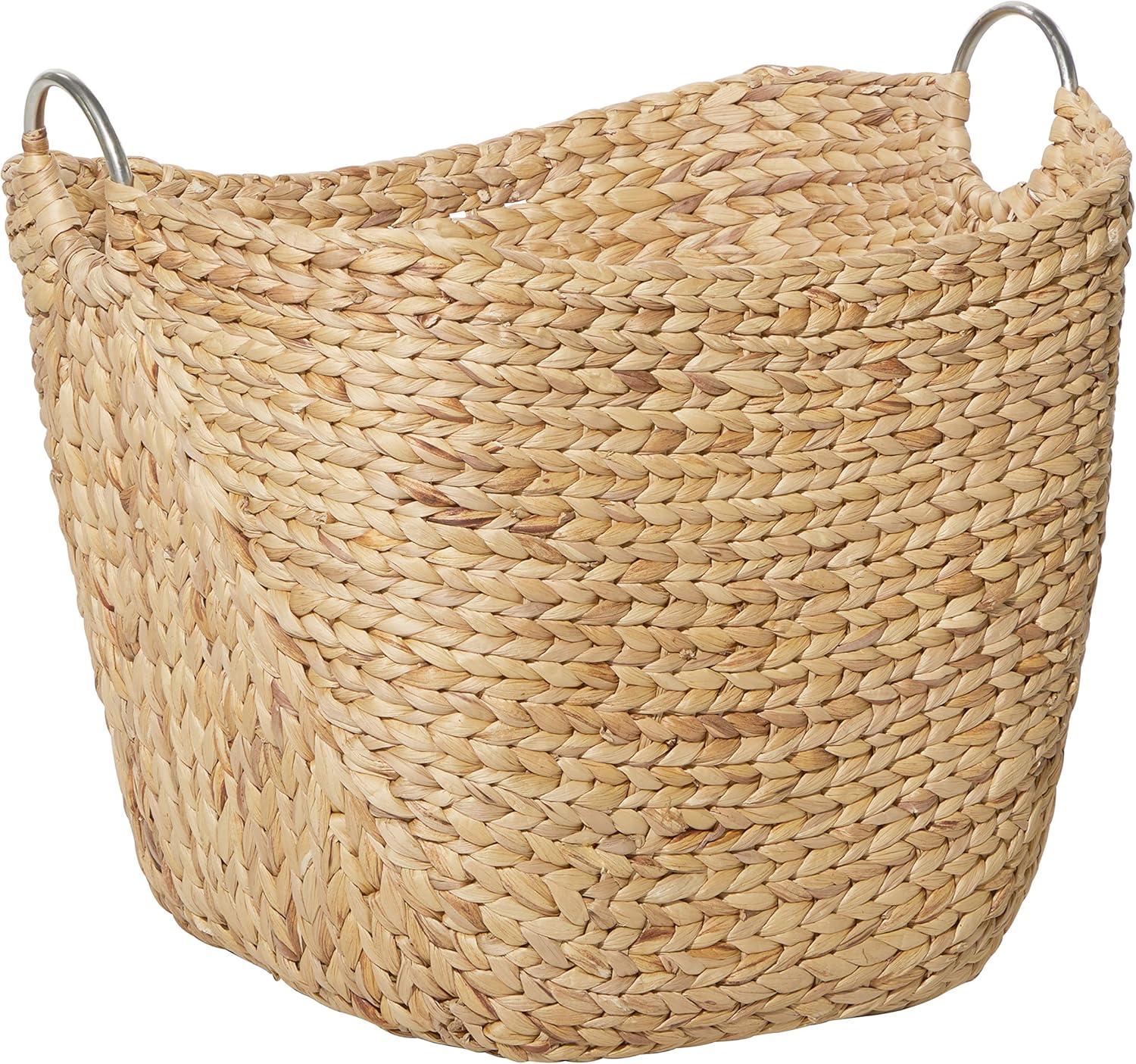 DecMode 21" x 19" Brown Seagrass Handmade Large Woven Storage Basket with Ring Metal Handles, 1-Piece