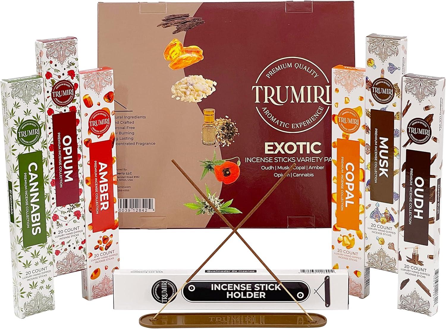 Trumiri Exotic Incense Sticks Variety Pack & Incense Burner - Gift Set - Inciensos Aromaticos - 120 Scented Sticks (6 fragrances x 20 pieces each) - Copal, Amber, Oud, Musk