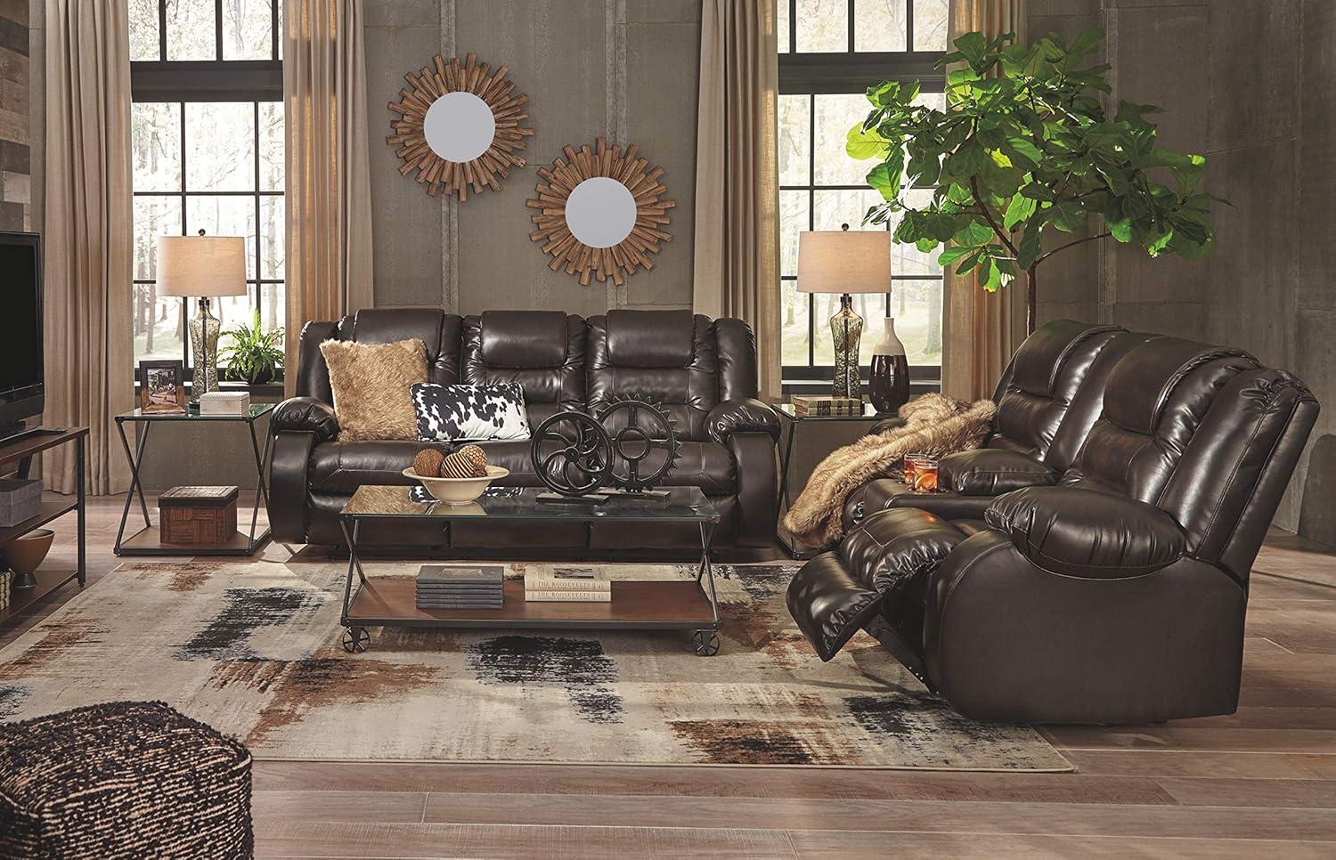 Vacherie Chocolate Faux Leather Reclining Sofa with Cup Holder