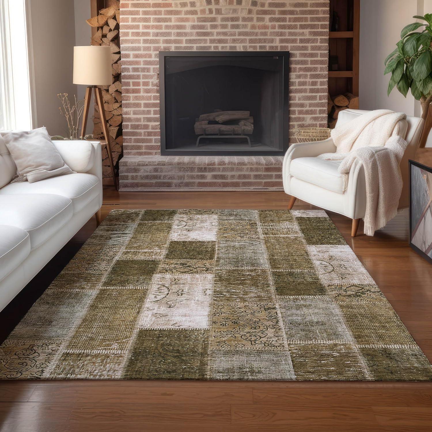 Brown Patchwork Machine-Washable Rectangular Area Rug