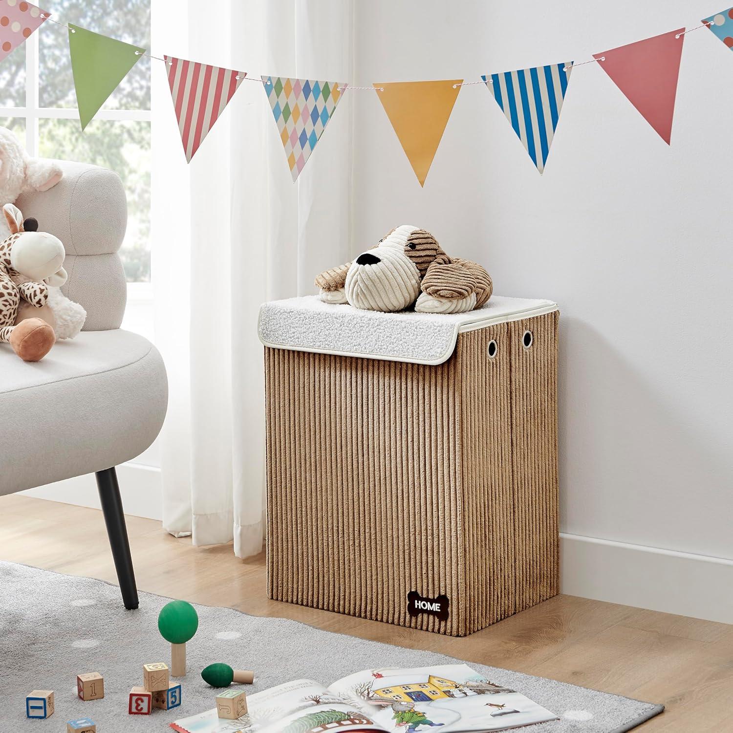 Danya B. Collapsible Folding Corduroy Kids' Laundry Hamper Toy Storage Brown with Dog Lid