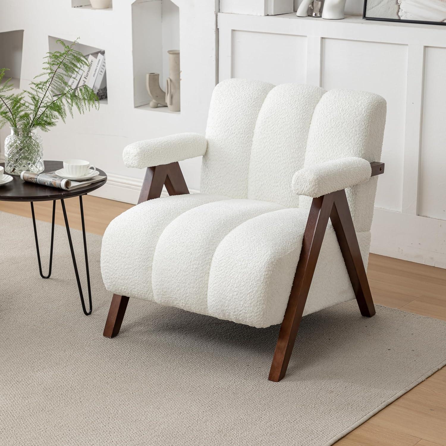 White Velvet Barrel Accent Chair with Wooden Legs