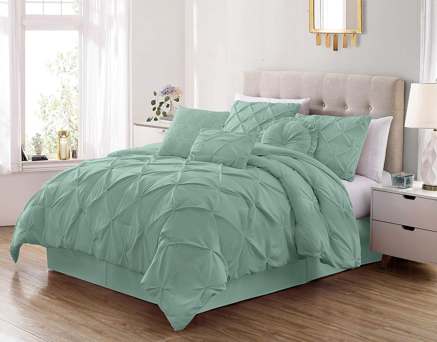 Chezmoi Collection Sydney 7-Piece Pintuck Comforter Set, Full, Seafoam Green