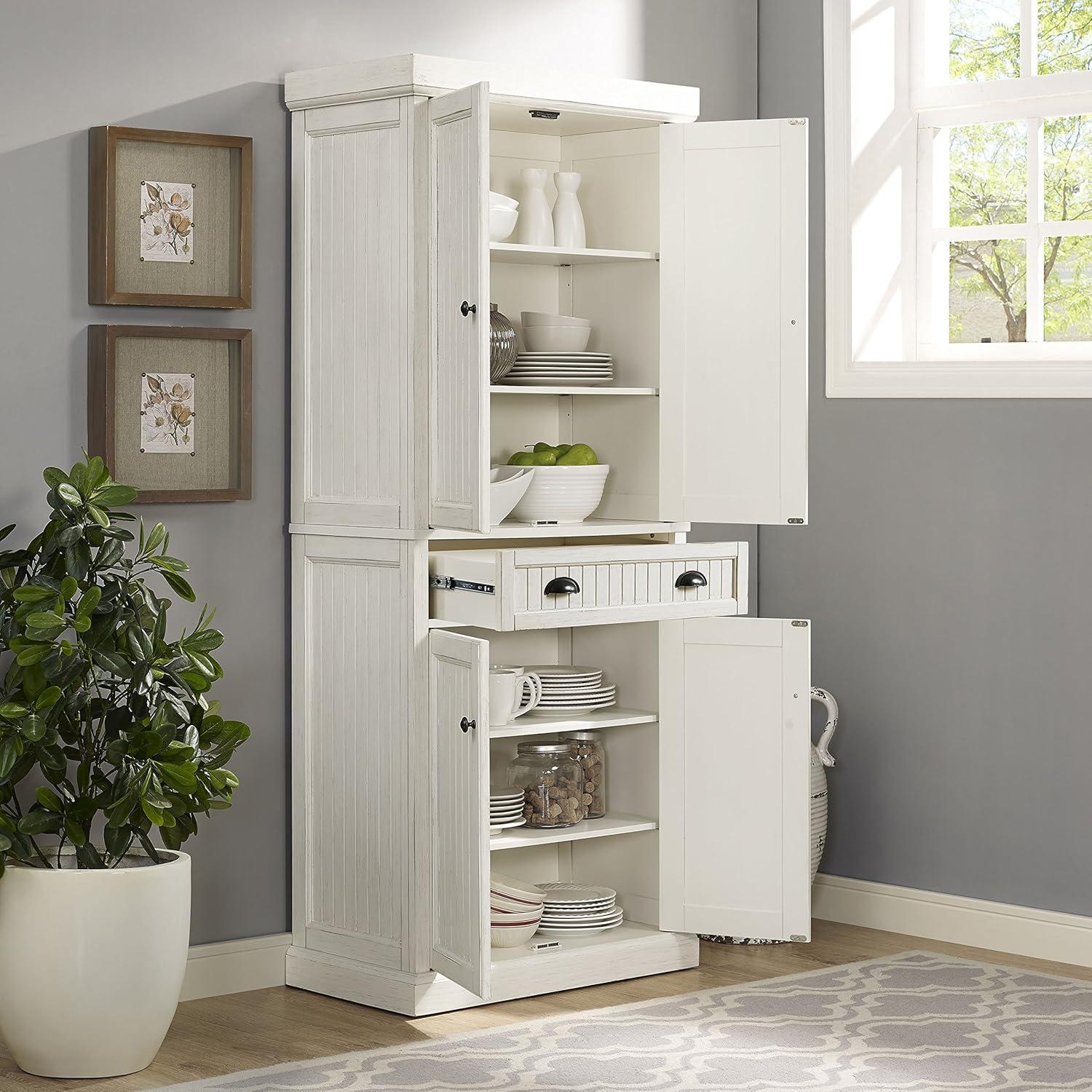 Seaside Distressed White Solid Wood Kitchen Pantry with Adjustable Shelves