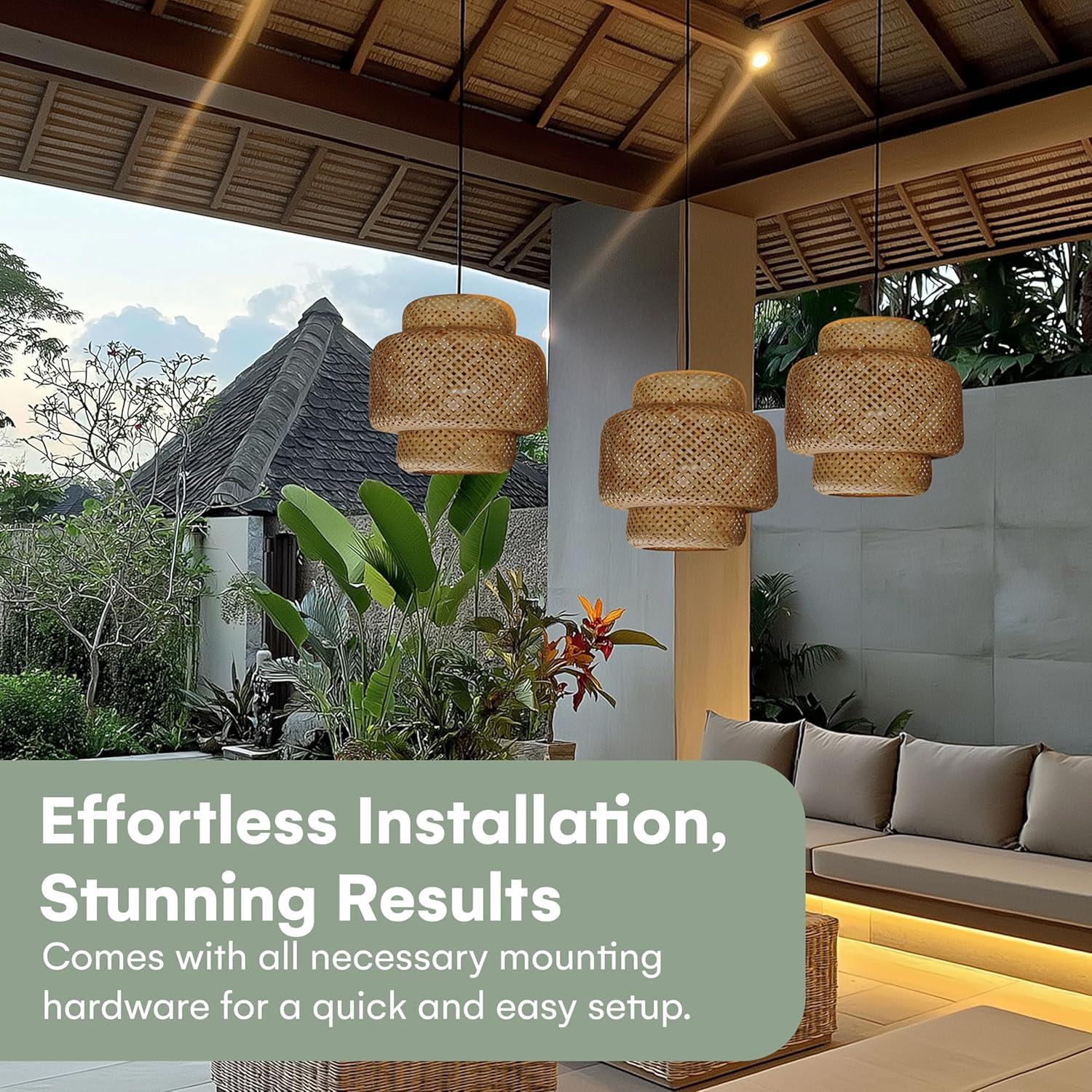 Hand Woven Rattan Lamp Shade - Bamboo Pendant Lights - Elegant Hanging Light Chandelier - Natural Boho Lighting Fixture - Dome Lamp Shade for Kitchen Island, Dining and Living Room - 14.96x15.71''