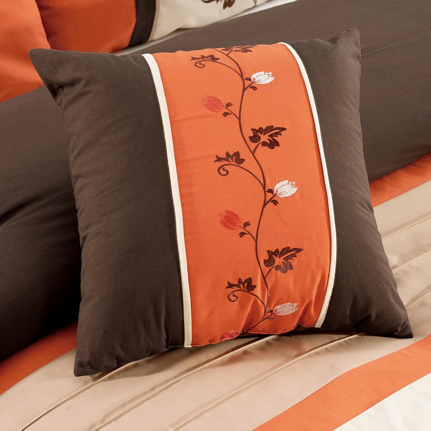 Serene 7-Piece Luxury Autumn Floral Embroidery Comforter Set, California King, Orange/Brown/Taupe