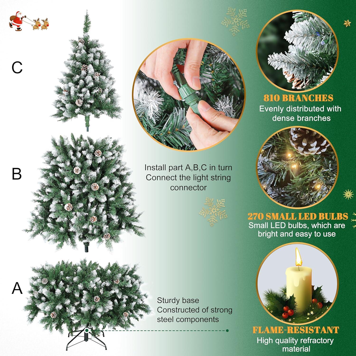 Ayieyill 6FT Pre-Lit Artificial Christmas Tree with 600 Snow Sprayed Tips 150 LED Lights 30 Snowflakes Ornaments