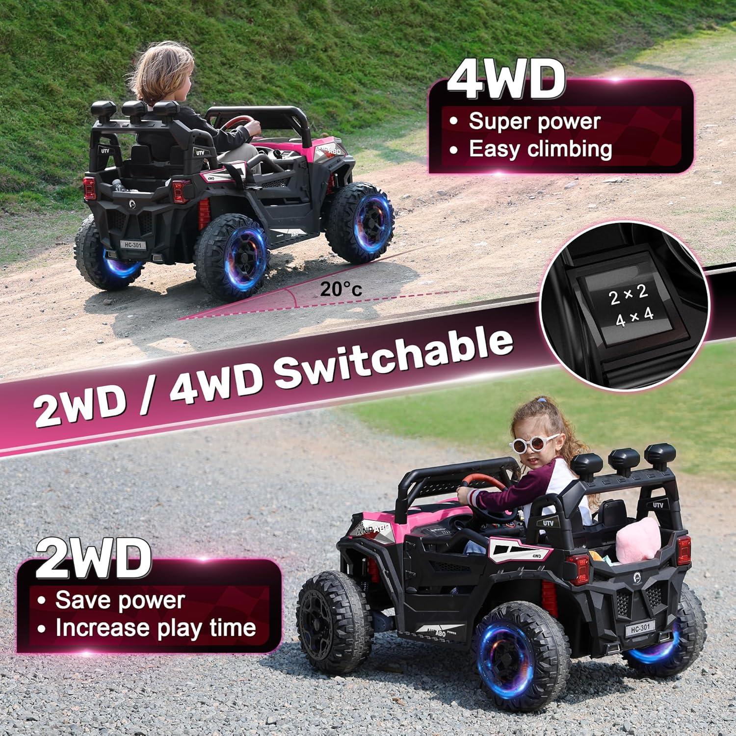 FINITO 24V Kids Ride on UTV, Electric Off-Road Vehicle 4 Wheeler Battery Powered Truck w/ Storage Trunk Parent Remote Control Gift for Boy Girl, Pink