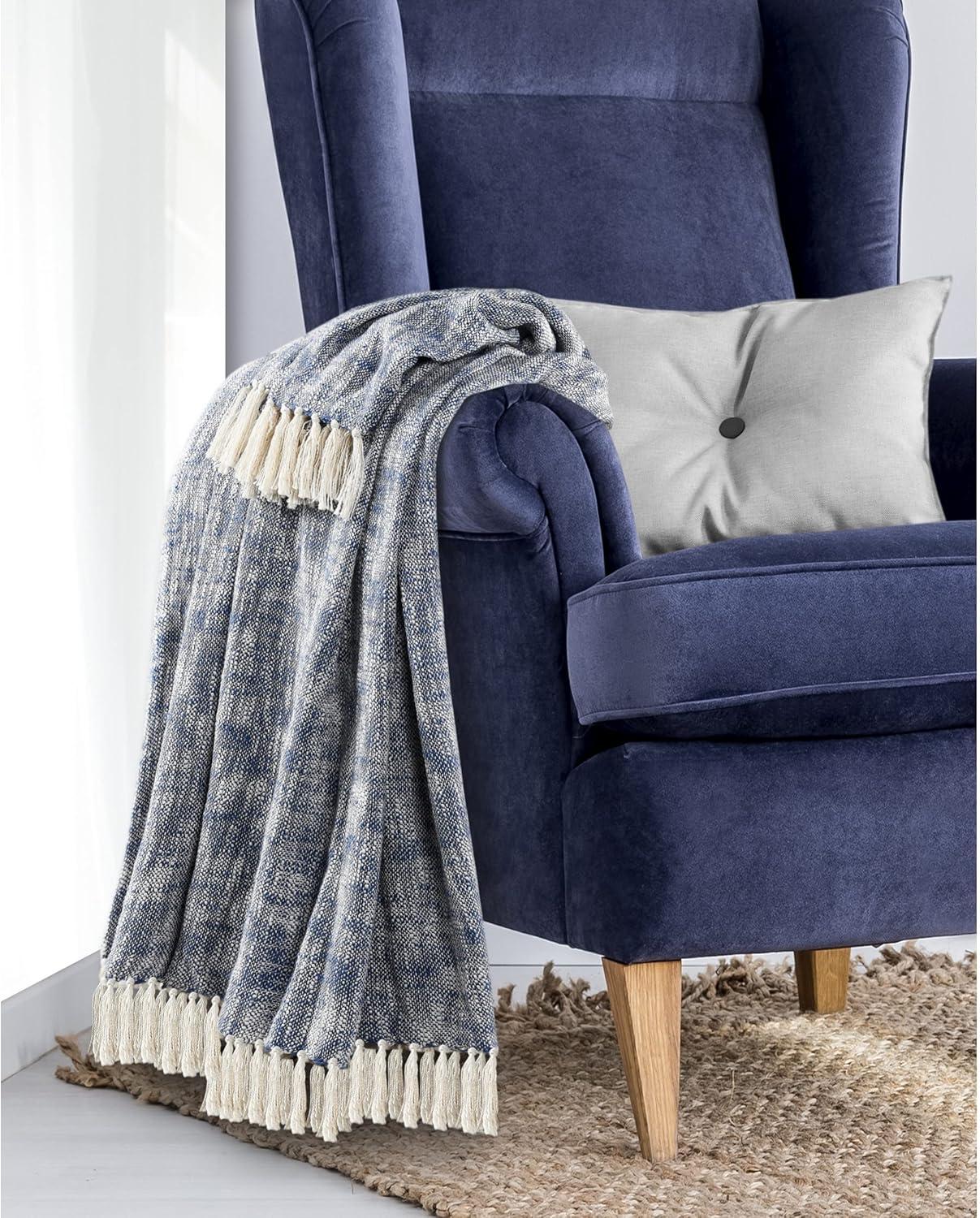 Navy Blue and Off-White Cotton Chambray Throw Blanket with Fringe