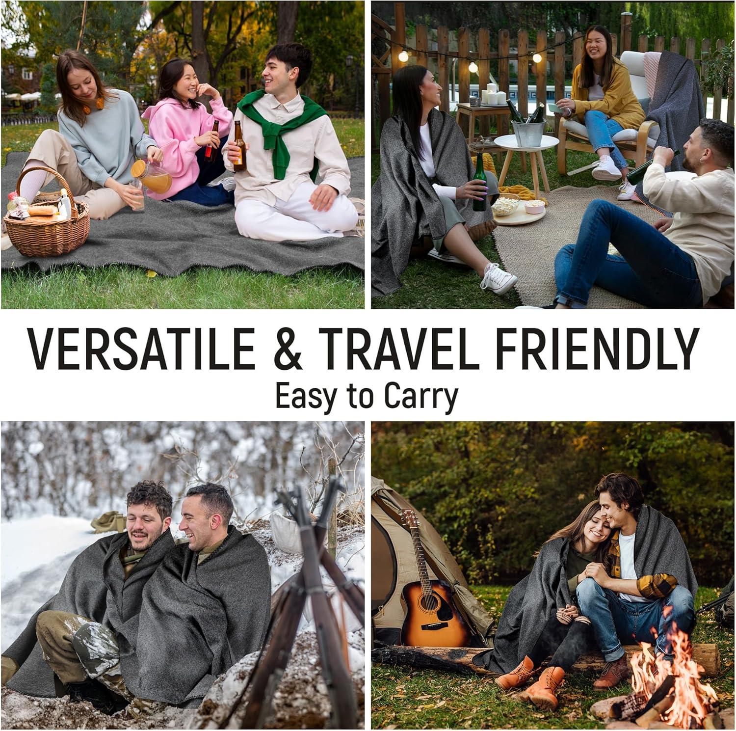 Jmr Usa Inc. Military Wool Blanket for Camping, Emergency and Everyday Use, Fire Retardant Extra Thick and Warm Outdoor Wool Blanket, 80% Wool, Grey, Size 66X90.