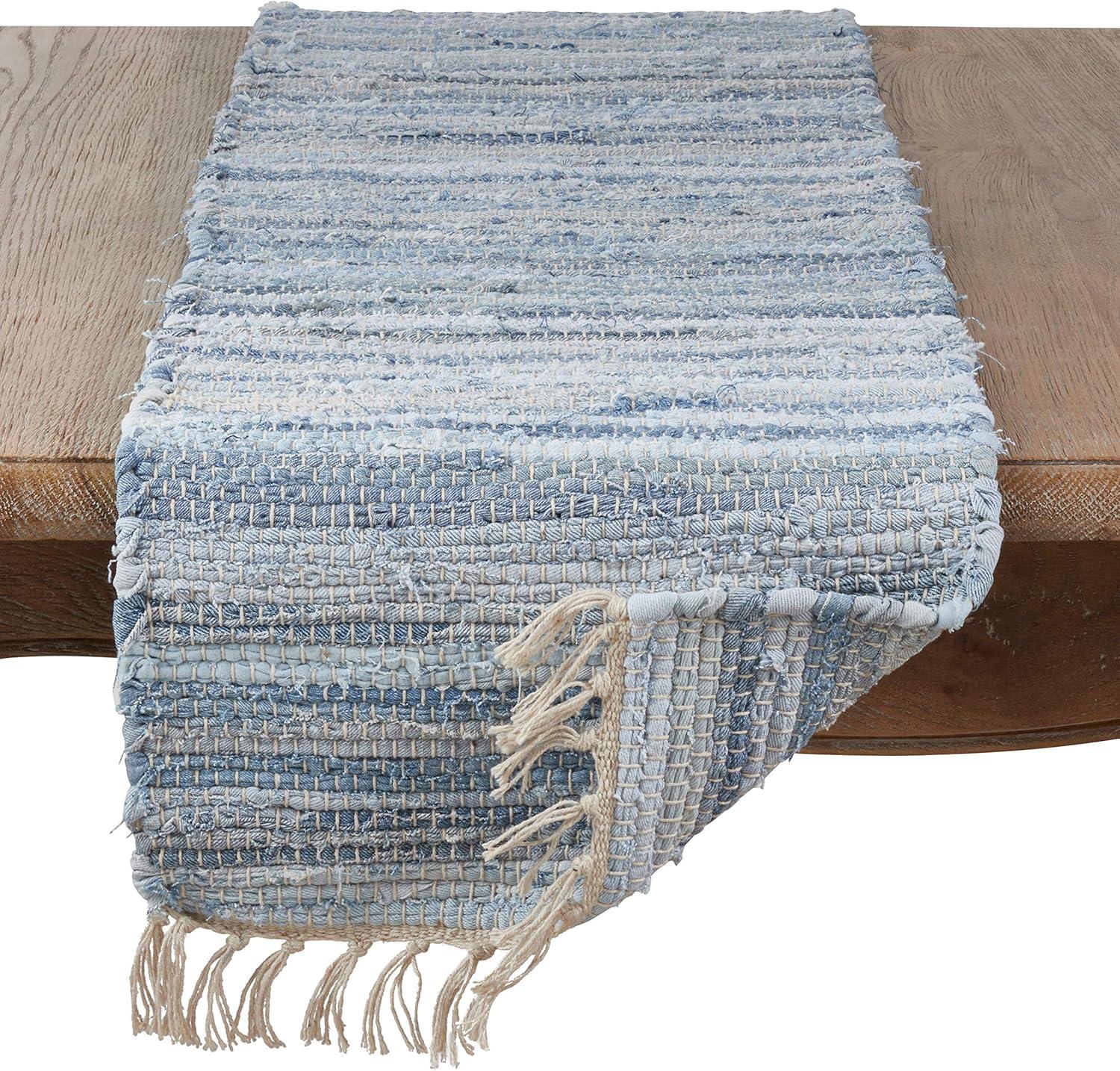 Blue Cotton Chindi Table Runner with Fringe, 16"x72"