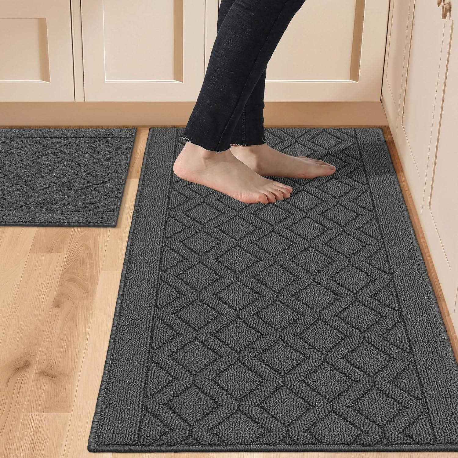 FloorHug Kitchen Rugs and Mats 2 PCS, 20"x30"+20"x48", Absorbent and Stain-Resistant Kitchen Mats Non-Slip, Kitchen Runners Machine Washable, Rugs for Kitchen, Laundry Room, Entrance, Grey
