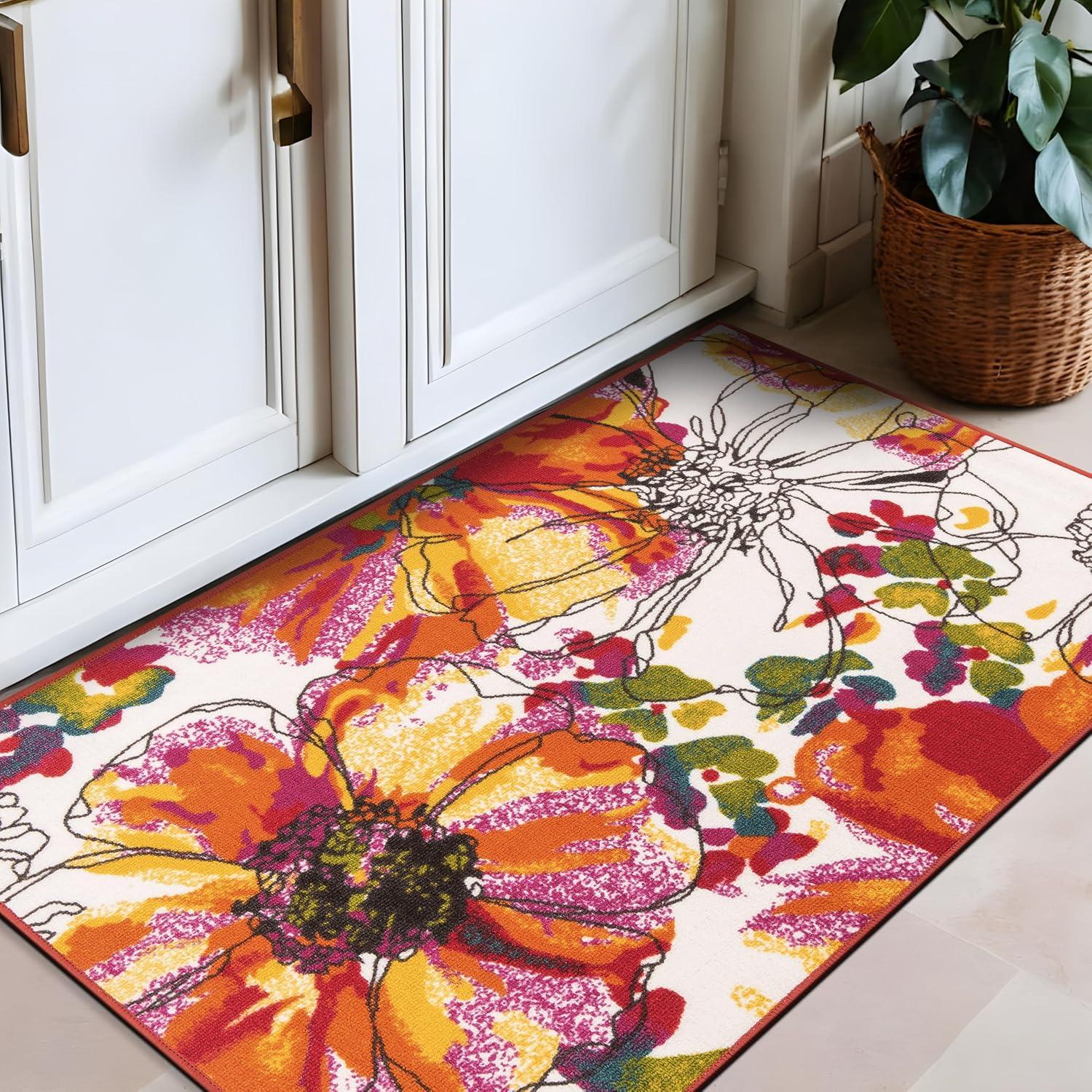 Bright Multicolor Floral Tufted Nylon Area Rug with Non-Slip Backing