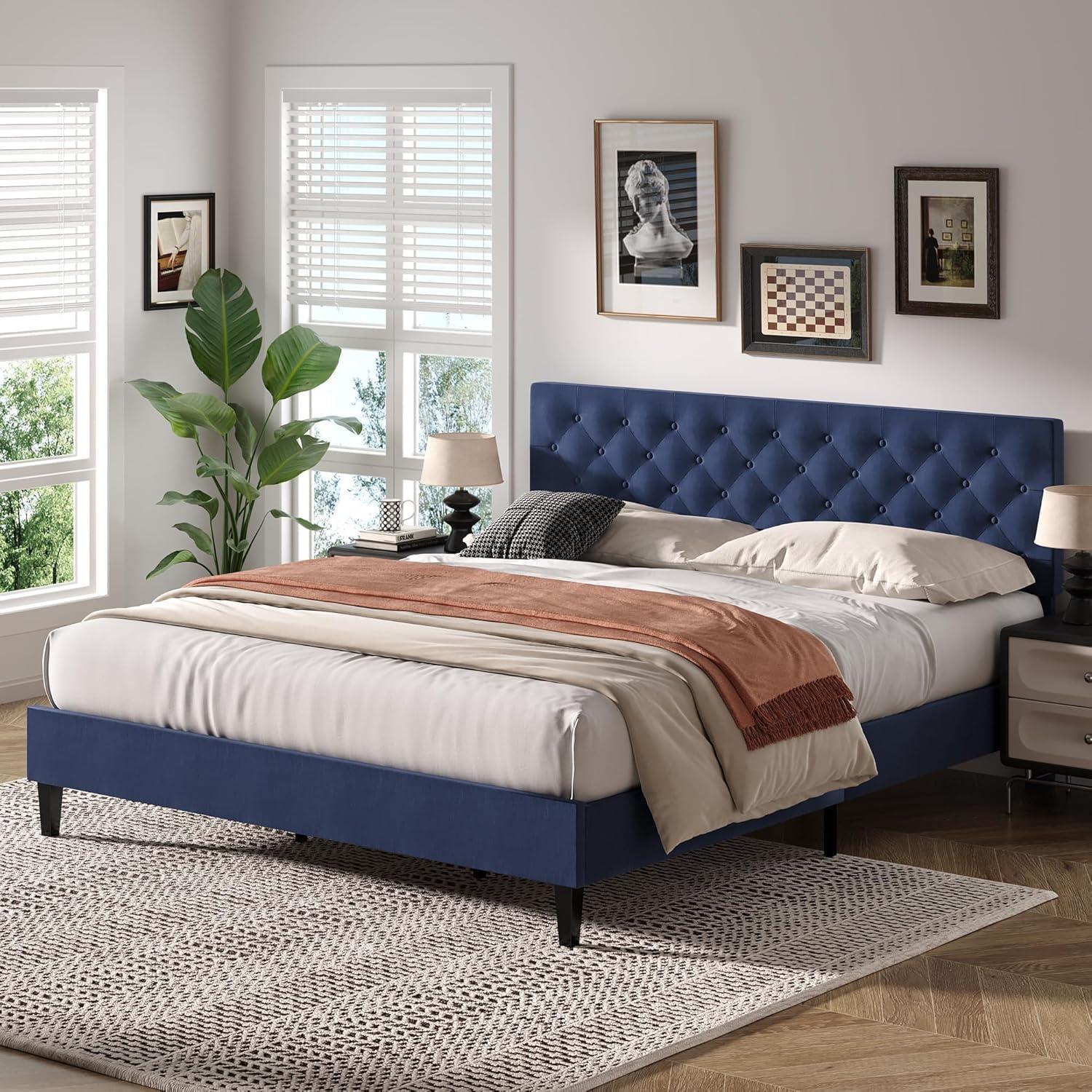 King Size Bed Frame, Upholstered Platform Bed Frame King with Button Tufted Headboard, Wooden Slats Support, No Box Spring Required, Easy Assembly, Navy Blue