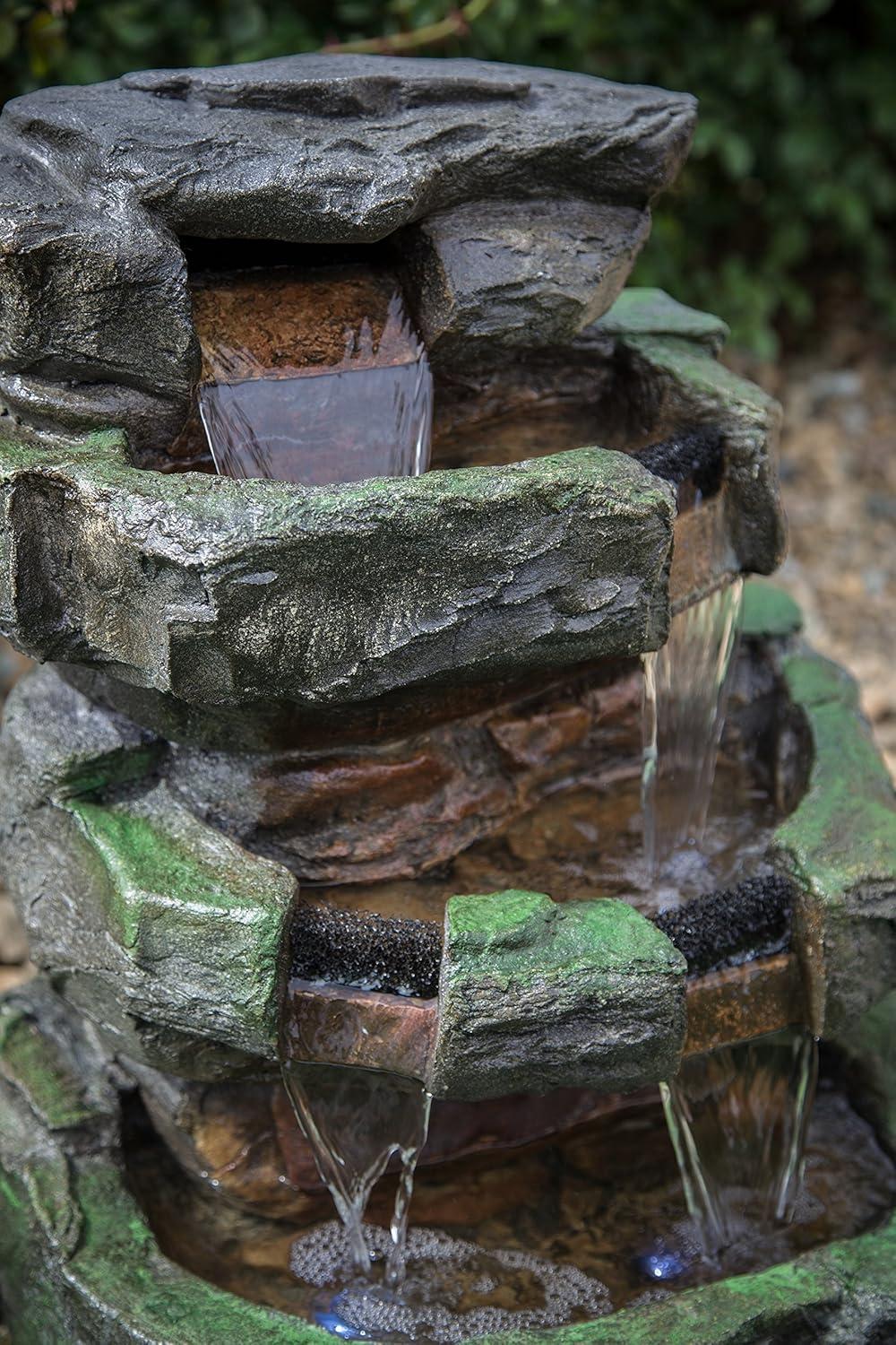 Moss Covered Gray Resin Rock Fountain with LED Lights