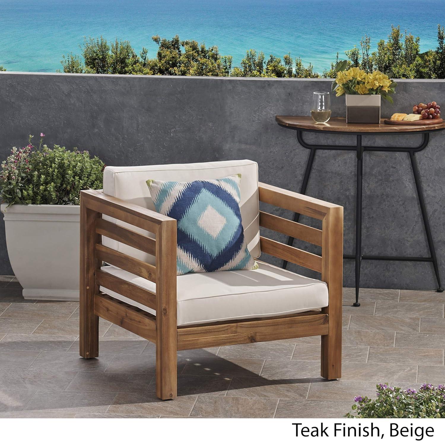 Frankie Outdoor Acacia Wood Club Chair with Cushion, Teak and Beige