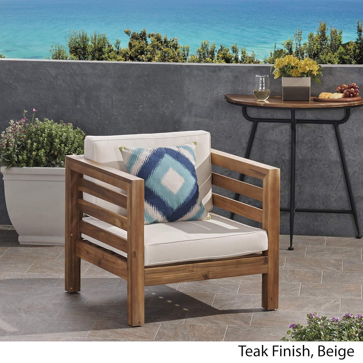 Frankie Outdoor Acacia Wood Club Chair with Cushion, Teak and Beige