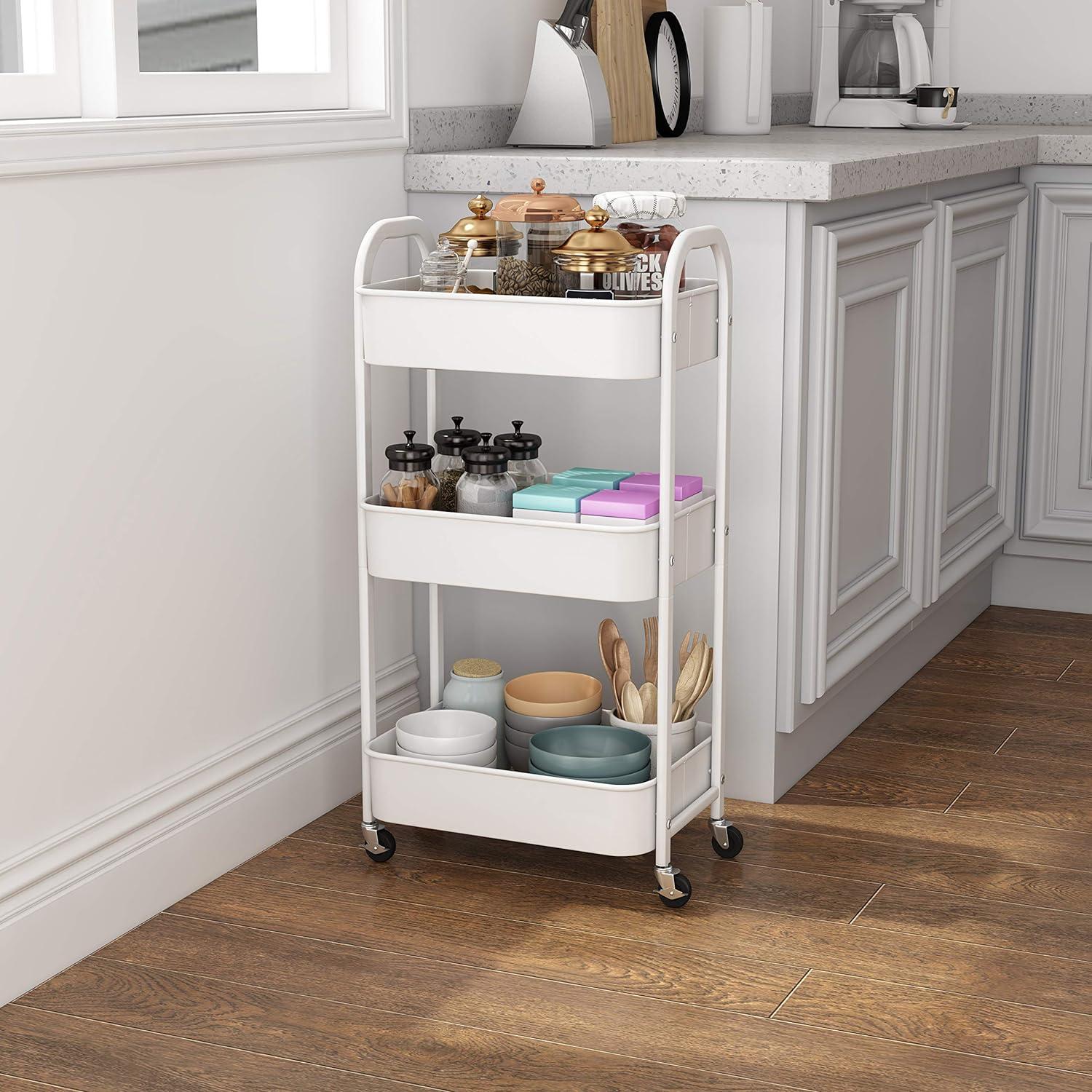 White Metal 3-Tier Rolling Utility Cart with Wheels