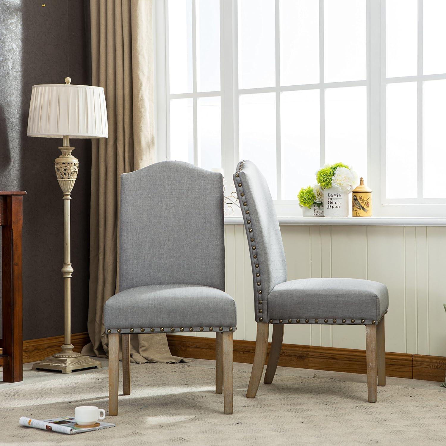 Roundhill Furniture Mod Urban Style Solid Wood Nailhead Fabric Padded Parson Chair, Grey, Set of 2