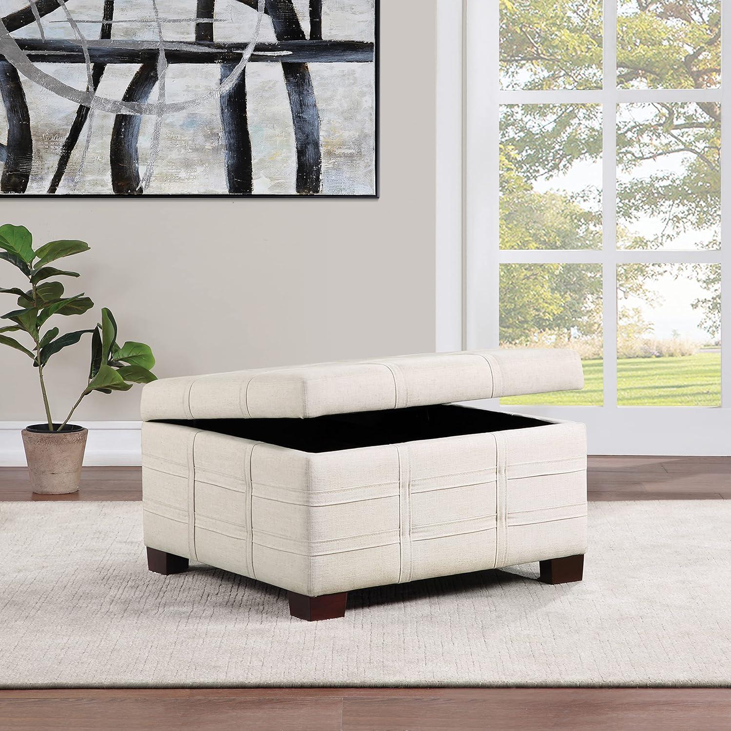 Detour Strap Square Storage Ottoman in Linen White Fabric