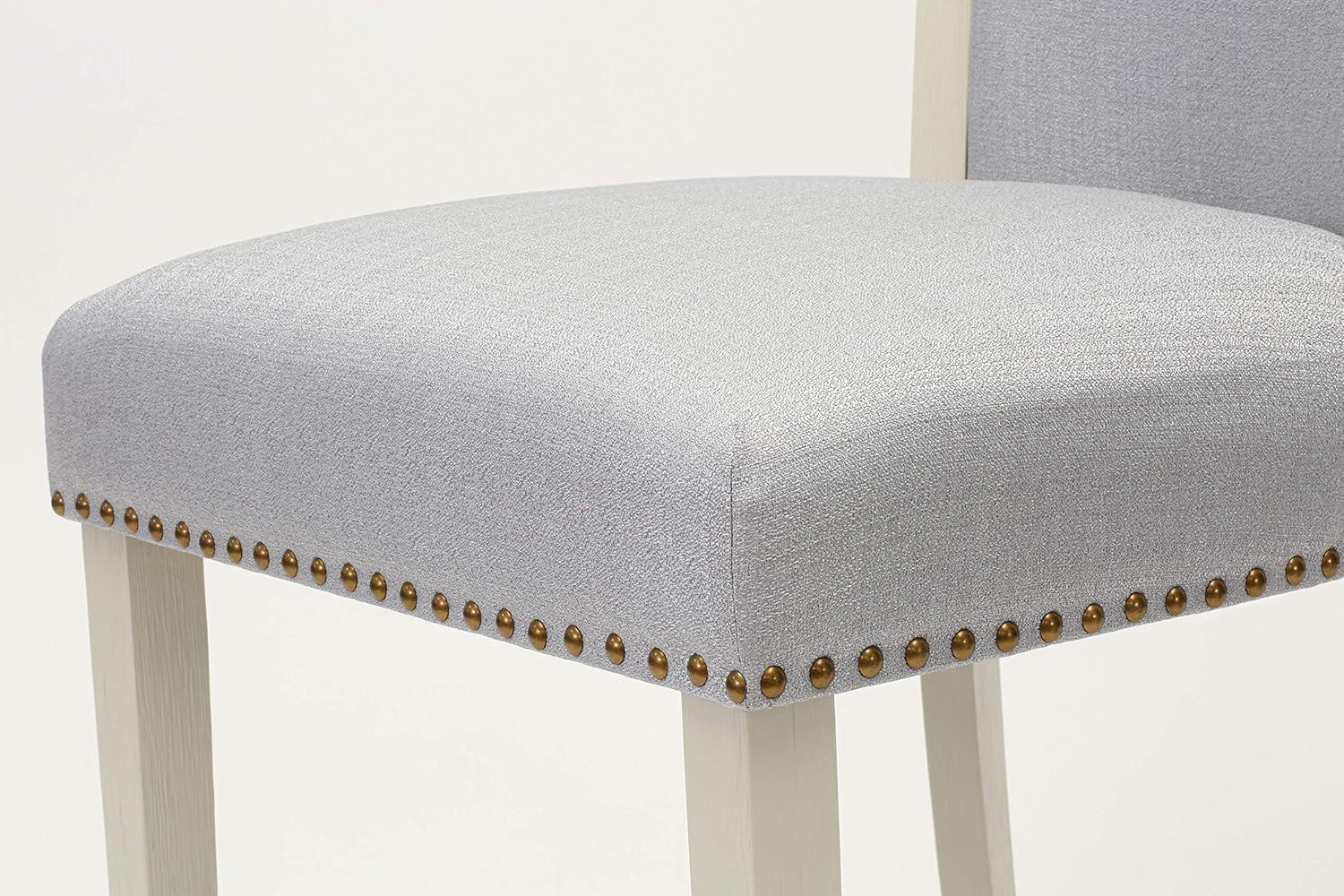 Verona Linen White Wood Frame Upholstered Chair with Gray Linen Fabric Seat with Nail Head & Stylish Back - Set of 2