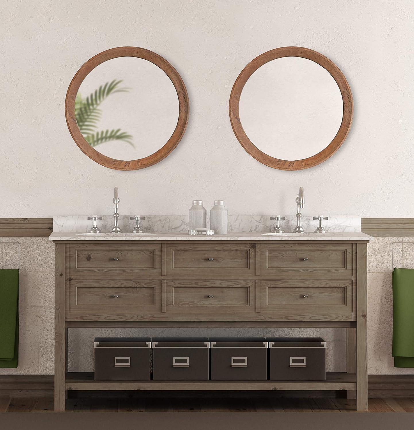 Kate and Laurel Hartman Transitional Round Wood Framed Wall Mirror, 24" Diameter, Brown, Boho Chic Round Mirror for Wall