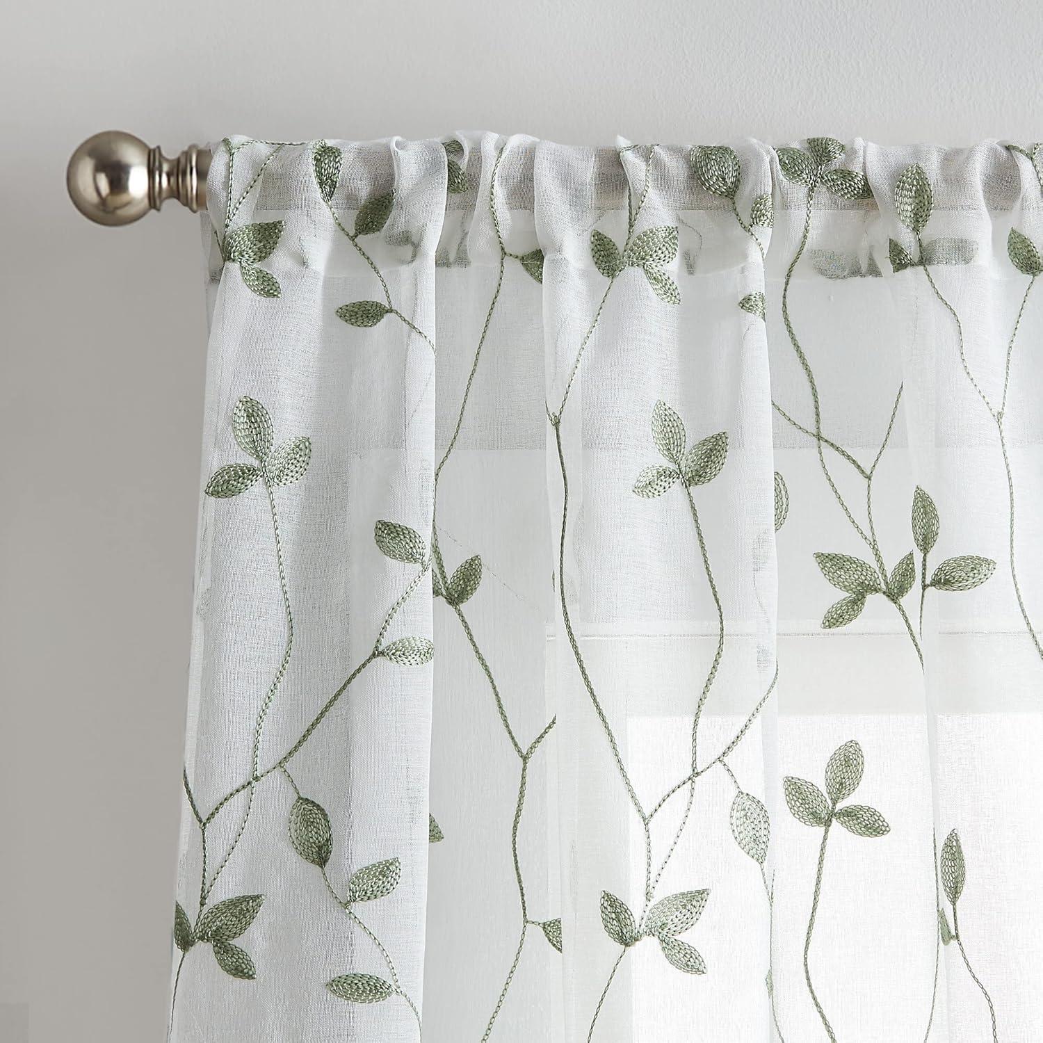 Sage Green Sheer Botanical Embroidery Rod Pocket Curtains, 84" Panel Pair