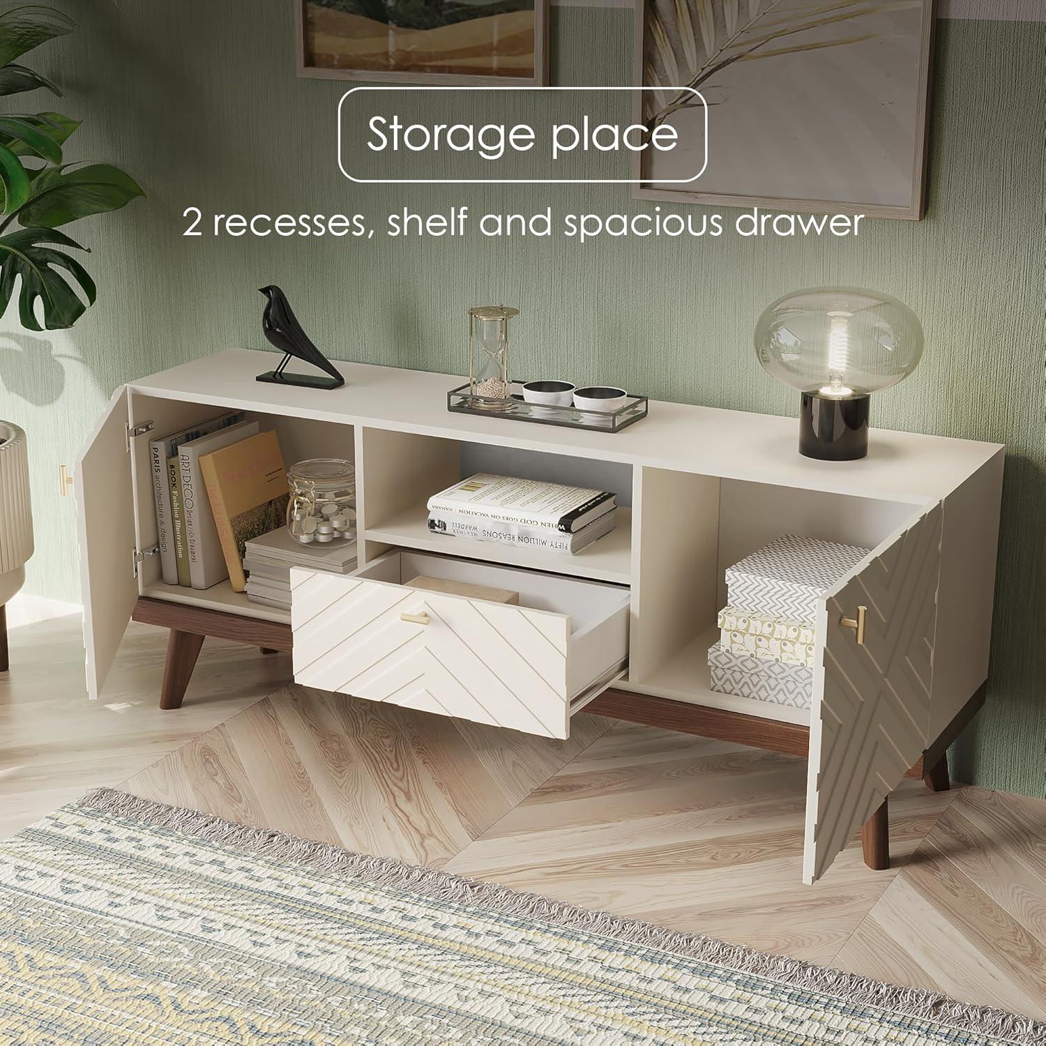 Living Skog  Alba Beige TV Stand Console with Drawer Fits TV's up to 65 in. with Wood Legs Mid Century Modern Design Beige Laminate Up to 240 lbs