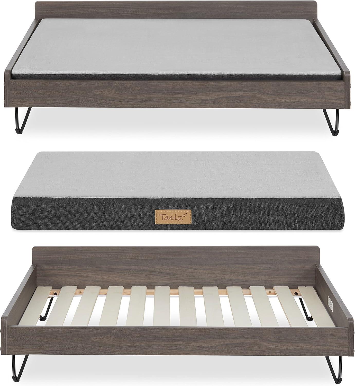 TailZzz Chase Greenguard Gold Certified Pet Bed with Mattress - Large to Extra Large Elevated Wooden Pet Bed with Water-resistant Mattress